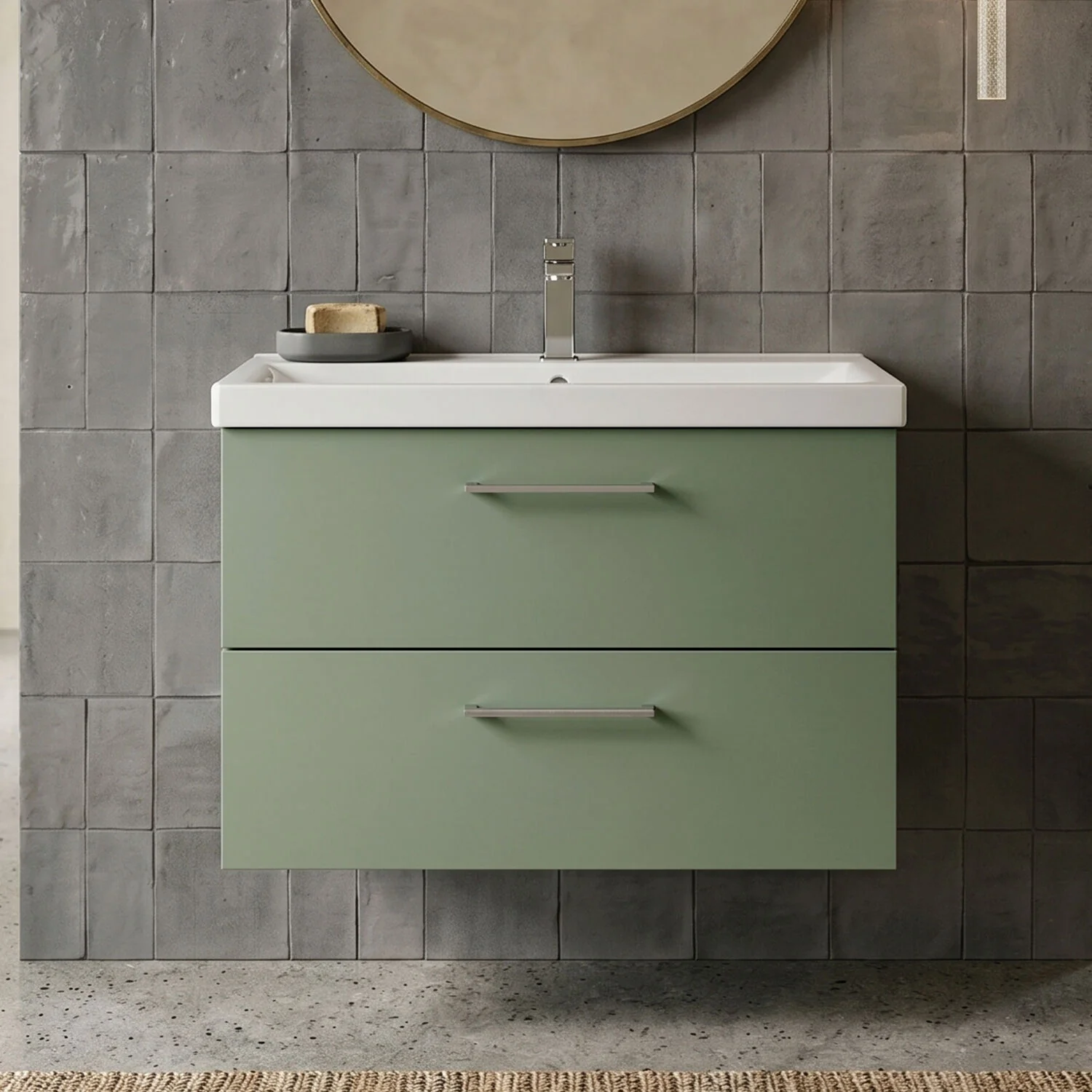 Bramshall Wall Hung 2 Drawer Vanity Unit with Mid-Edge Ceramic Basin - Choice of Colour, Handle Finish and Size - Image 68