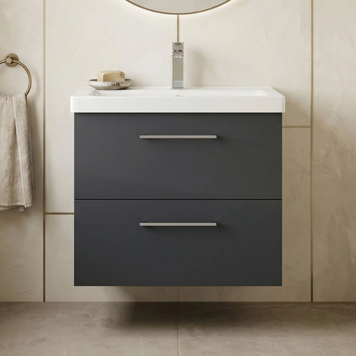 Bramshall Wall Hung 2 Drawer Vanity Unit with Mid-Edge Ceramic Basin - Choice of Colour, Handle Finish and Size - Image 7