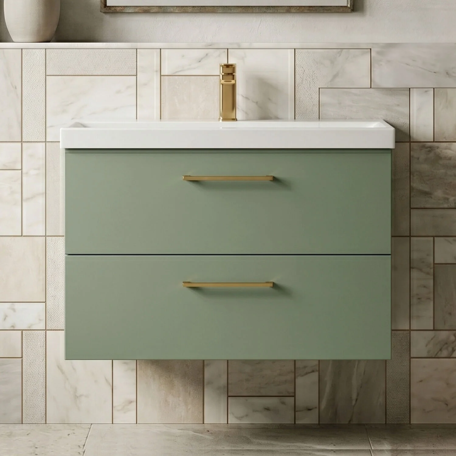 Bramshall Wall Hung 2 Drawer Vanity Unit with Mid-Edge Ceramic Basin - Choice of Colour, Handle Finish and Size - Image 72