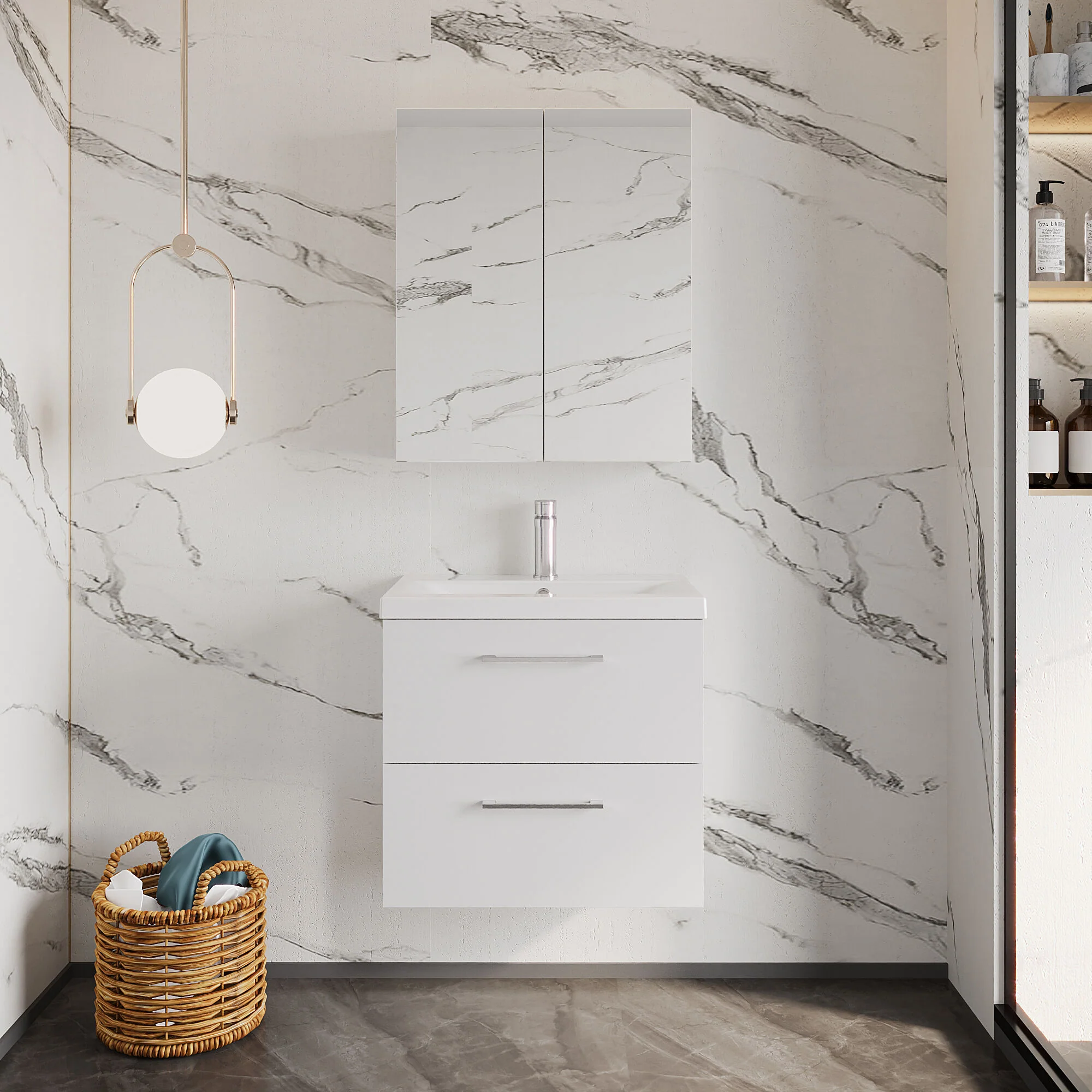 Bramshall Wall Hung 2 Drawer Vanity Unit with Mid-Edge Ceramic Basin - Choice of Colour, Handle Finish and Size - Image 73