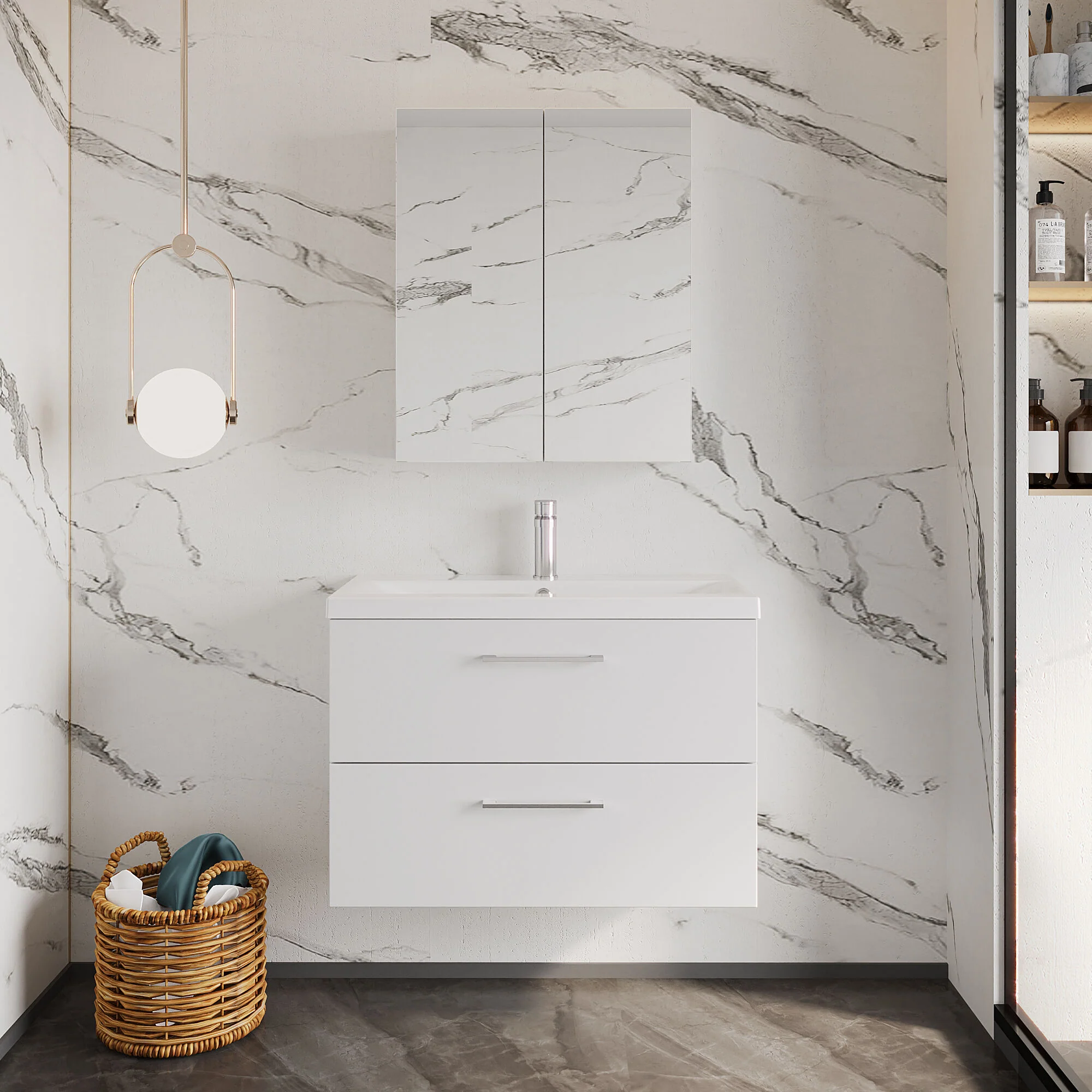 Bramshall Wall Hung 2 Drawer Vanity Unit with Mid-Edge Ceramic Basin - Choice of Colour, Handle Finish and Size - Image 74