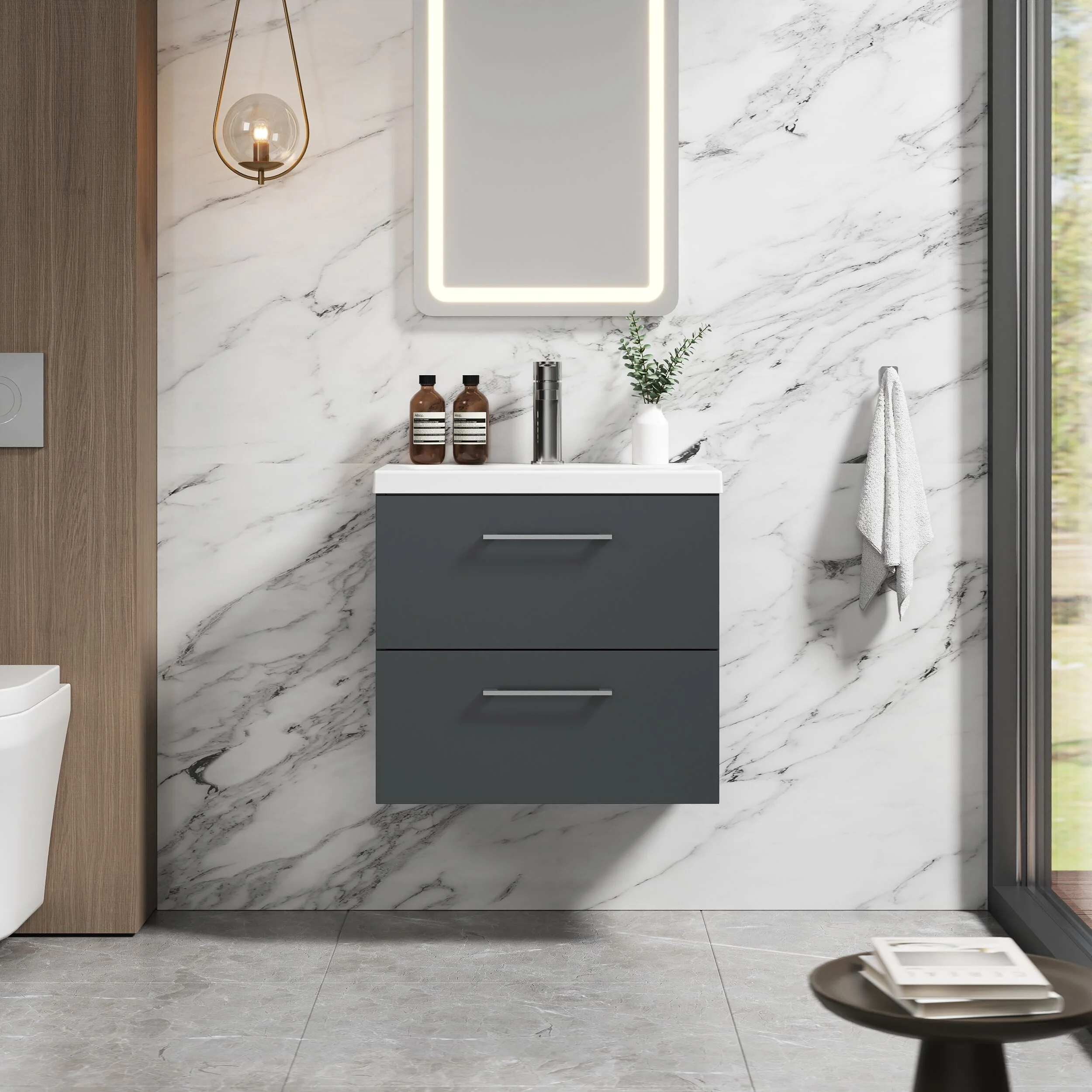 Bramshall Wall Hung 2 Drawer Vanity Unit with Mid-Edge Ceramic Basin - Choice of Colour, Handle Finish and Size - Image 75