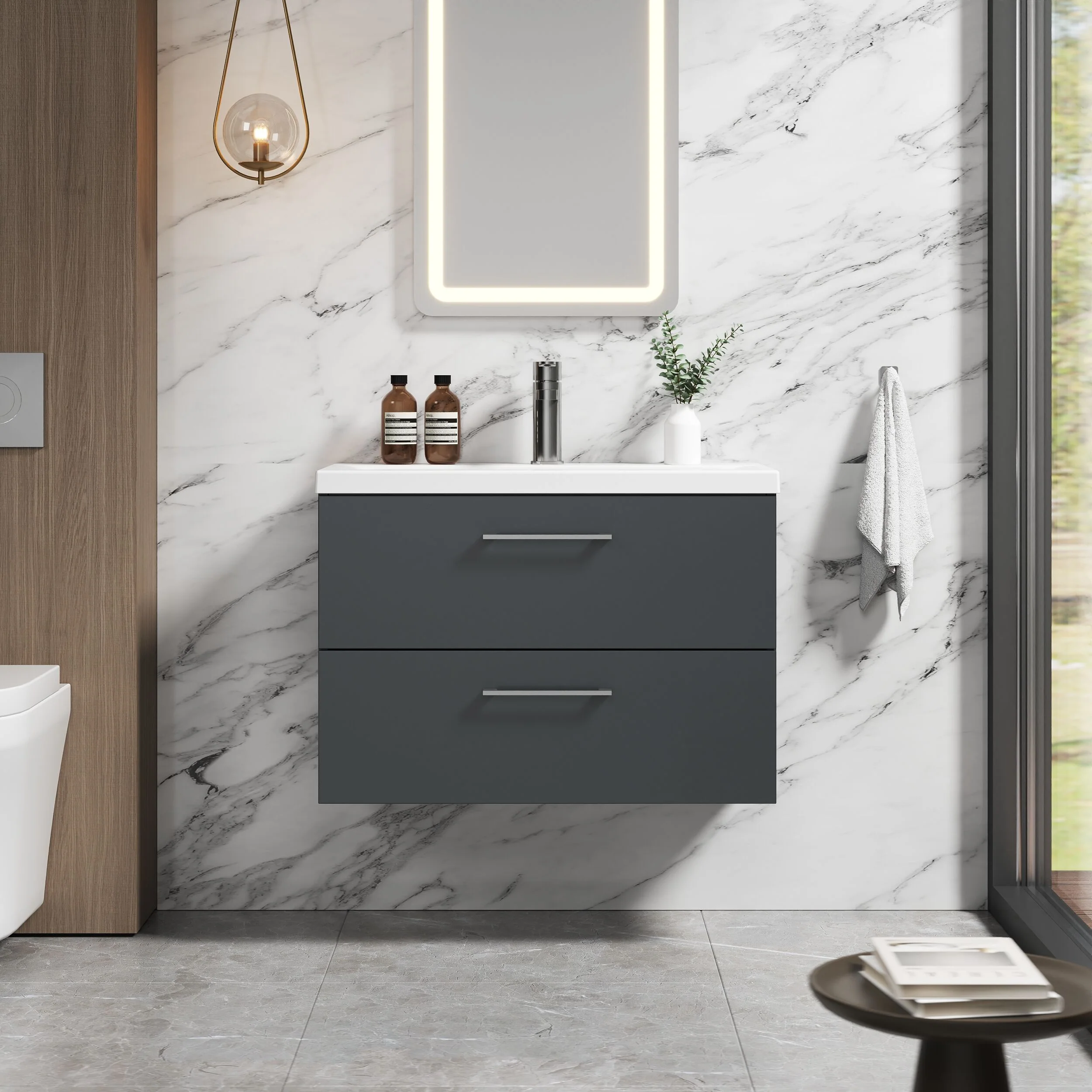 Bramshall Wall Hung 2 Drawer Vanity Unit with Mid-Edge Ceramic Basin - Choice of Colour, Handle Finish and Size - Image 76