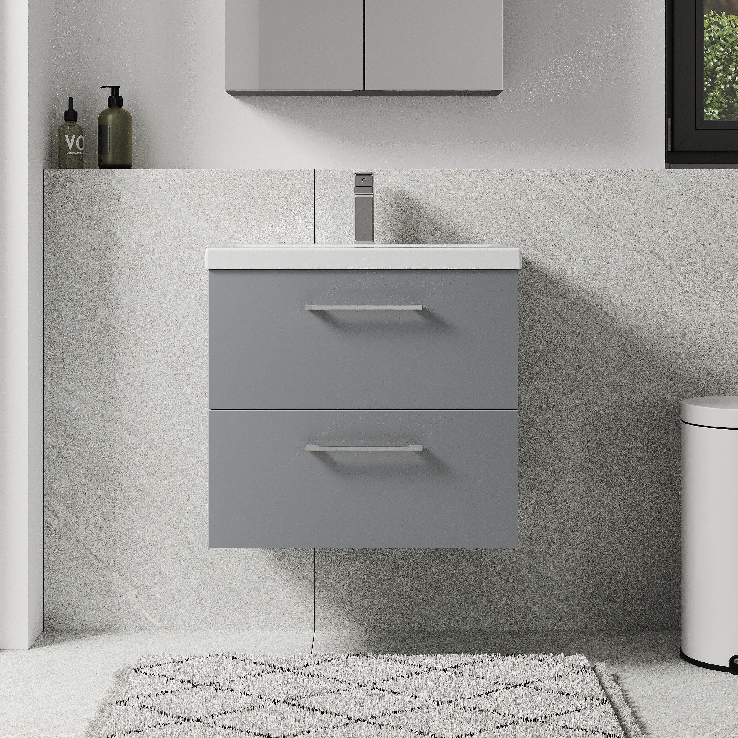 Bramshall Wall Hung 2 Drawer Vanity Unit with Mid-Edge Ceramic Basin - Choice of Colour, Handle Finish and Size - Image 77