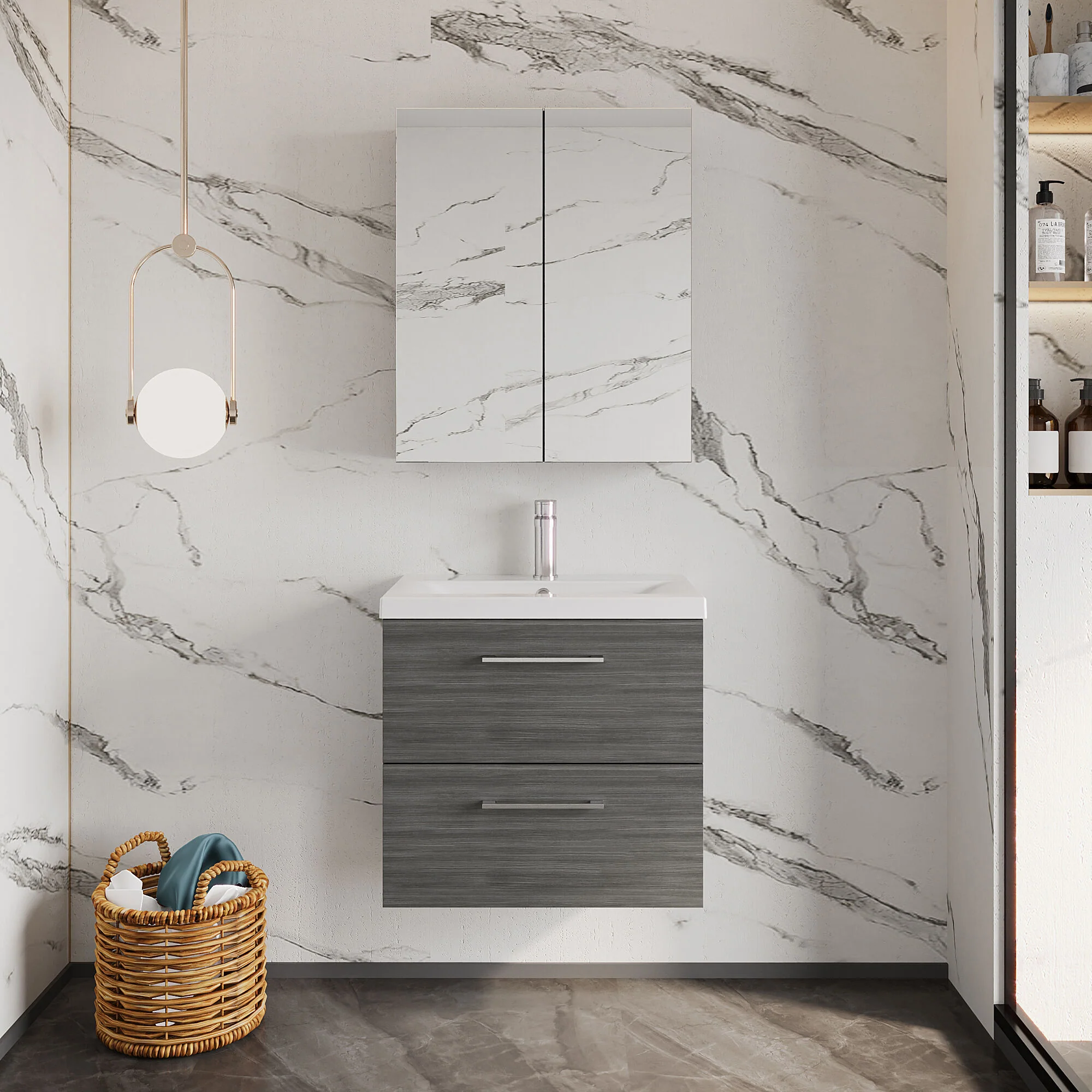 Bramshall Wall Hung 2 Drawer Vanity Unit with Mid-Edge Ceramic Basin - Choice of Colour, Handle Finish and Size - Image 81