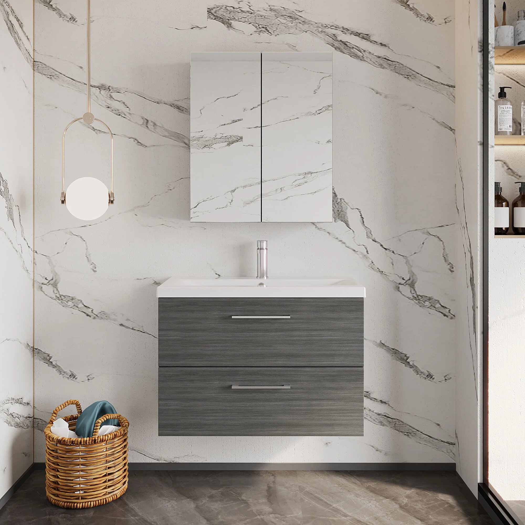 Bramshall Wall Hung 2 Drawer Vanity Unit with Mid-Edge Ceramic Basin - Choice of Colour, Handle Finish and Size - Image 82