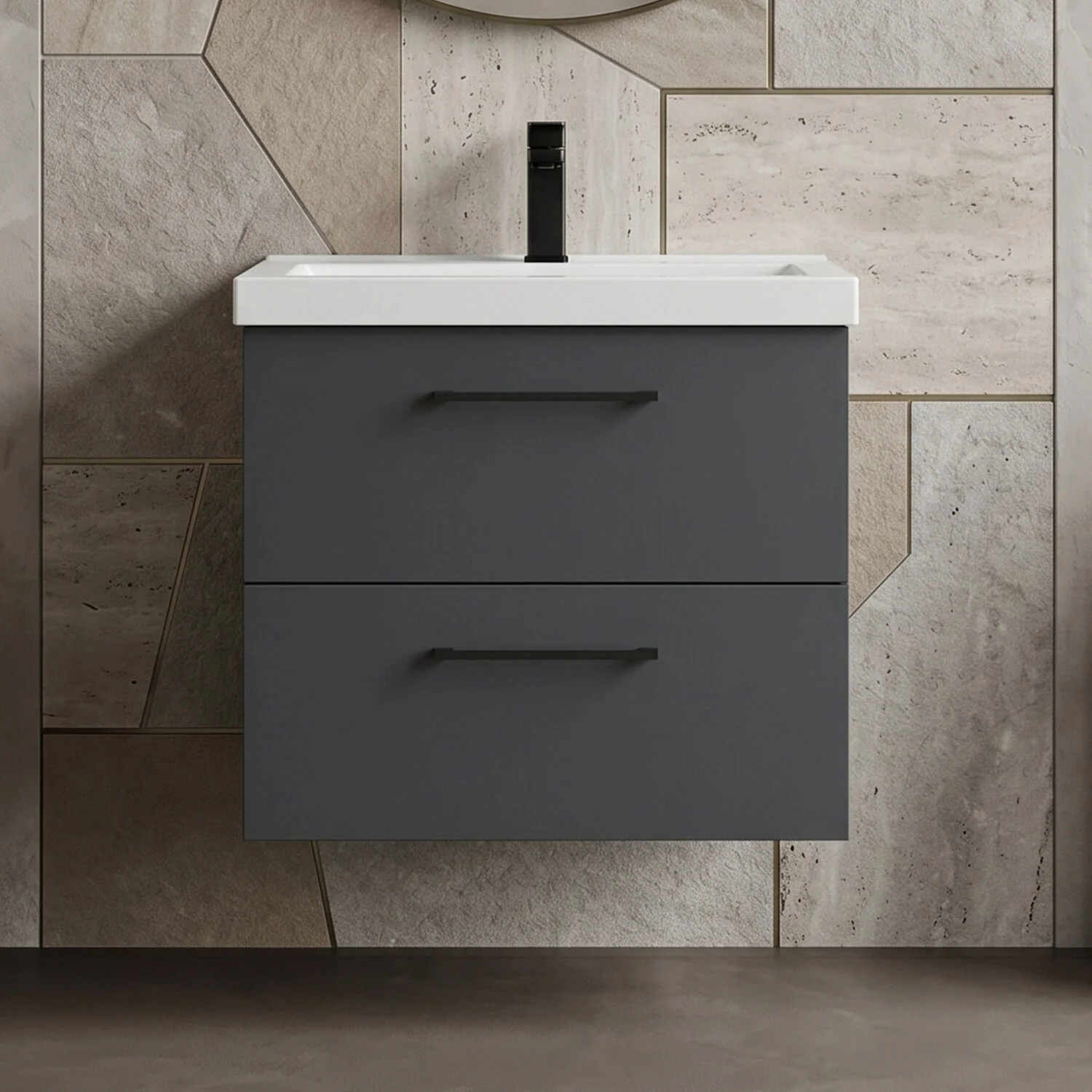 Bramshall Wall Hung 2 Drawer Vanity Unit with Mid-Edge Ceramic Basin - Choice of Colour, Handle Finish and Size - Image 9