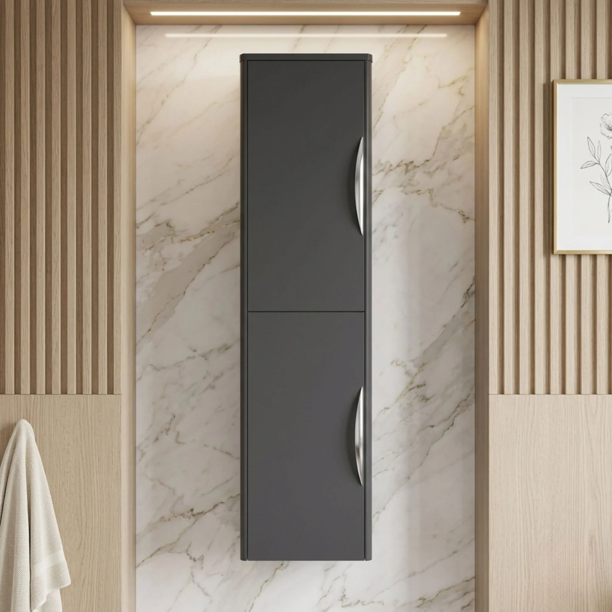 Aldershawe Modern Wall Hung 2-Door Tall Bathroom Storage Unit – 350mm