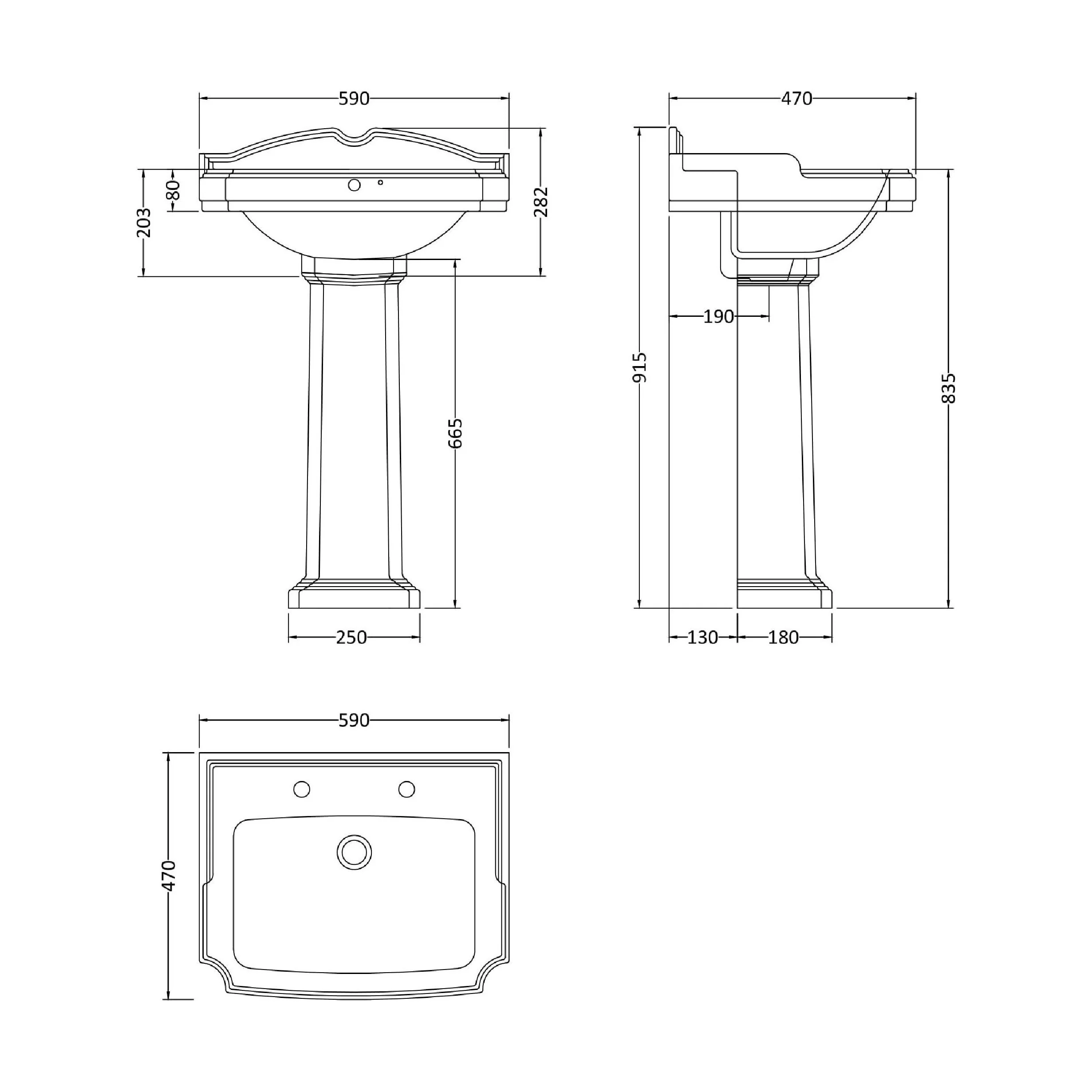Whitgreave Traditional 2 Tap Hole Basin and Full Pedestal, 915 x 470 x 590mm - Image 6