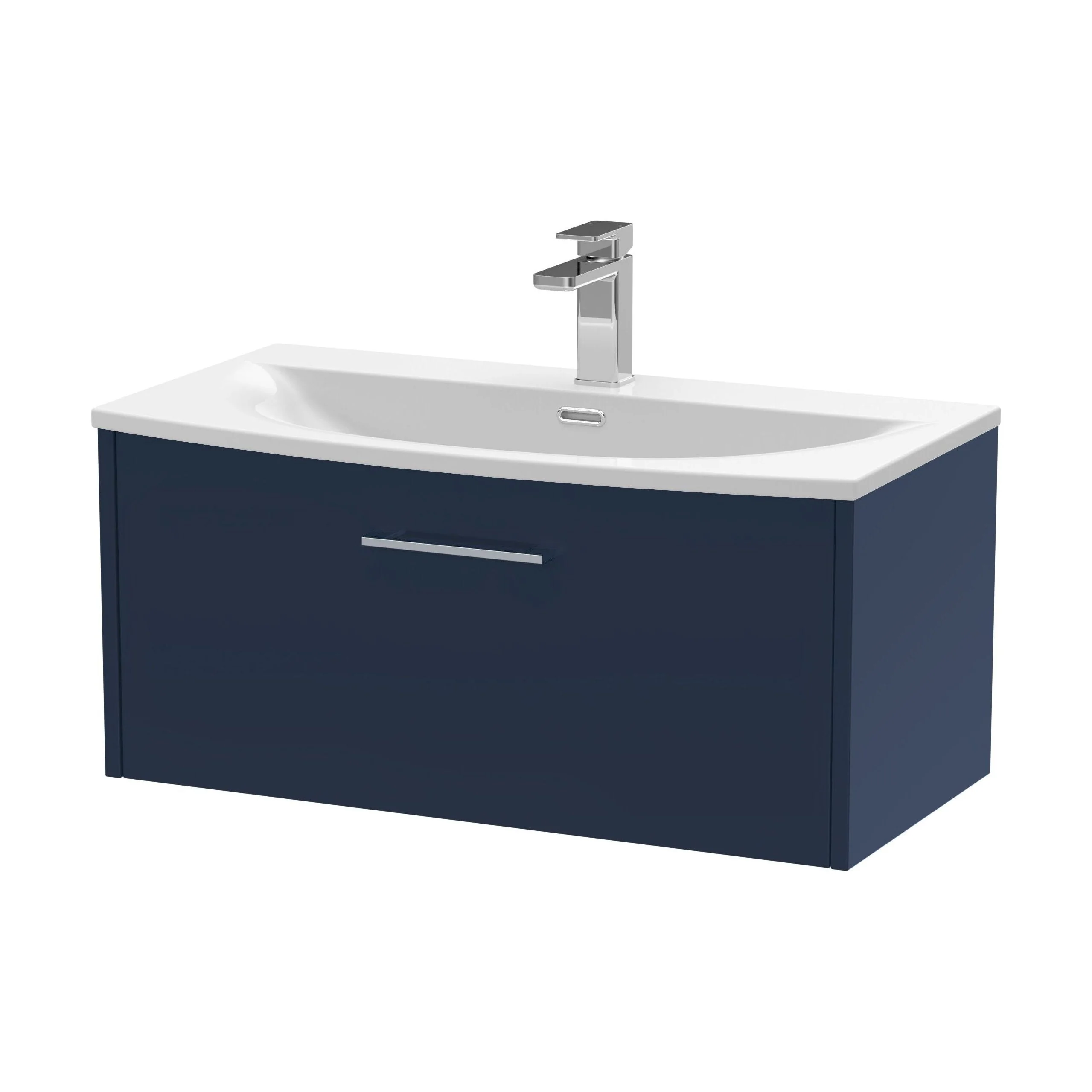 Winshill Contemporary 1 Drawer Wall Hung Vanity Unit with Curved Basin, Dark Blue, 800mm