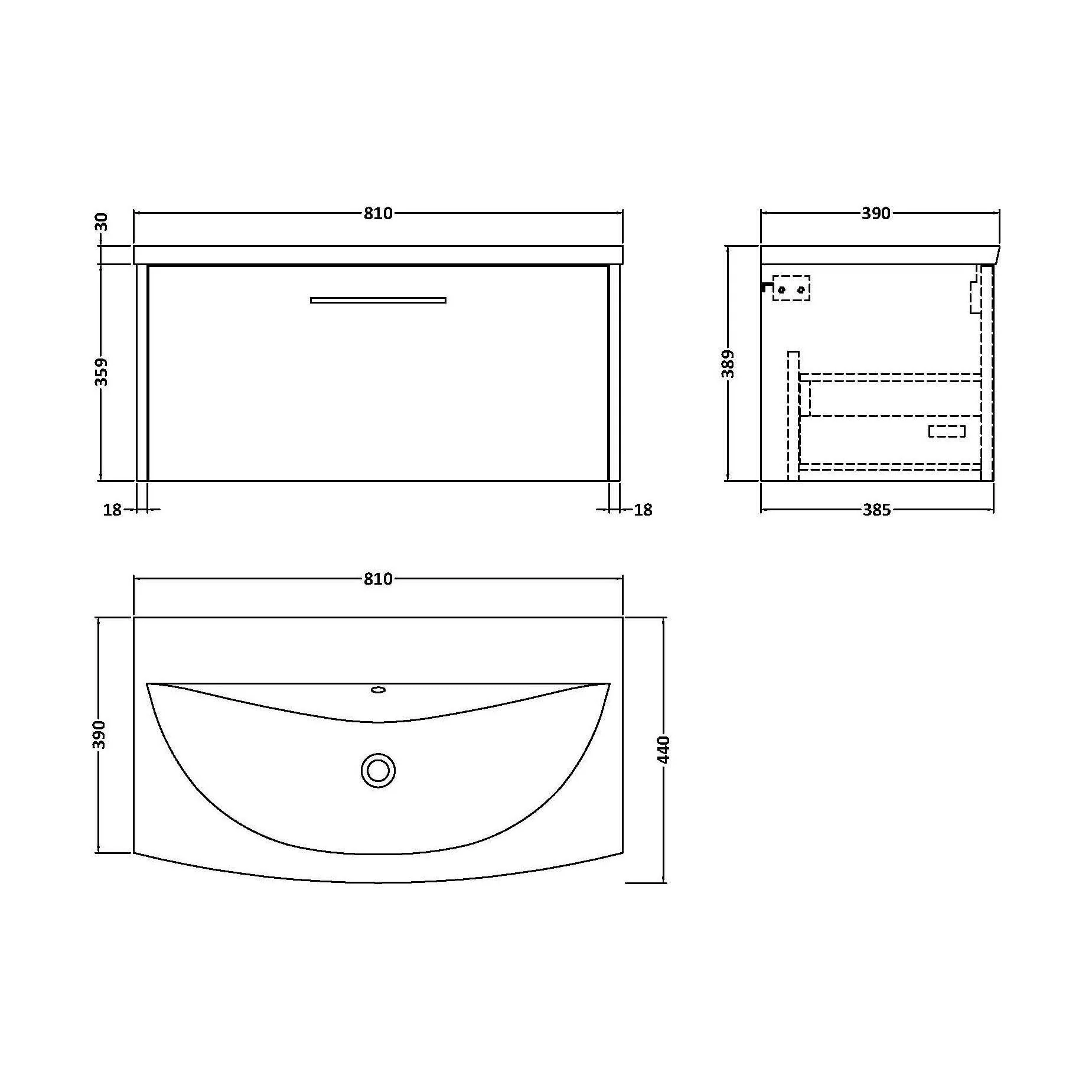 Winshill Contemporary 1 Drawer Wall Hung Vanity Unit with Curved Basin, Grey, 800mm - Image 2