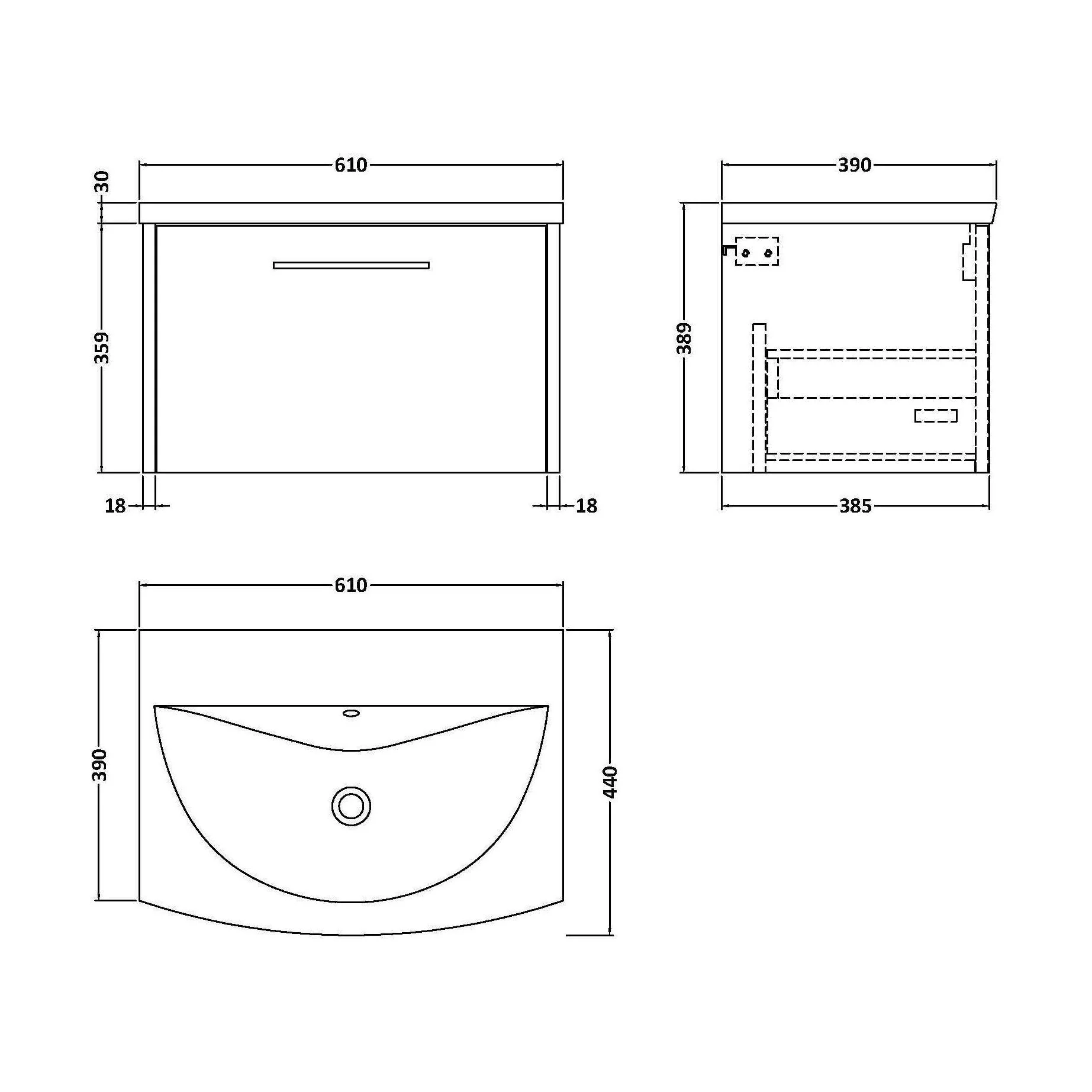 Winshill Contemporary 1 Drawer Wall Hung Vanity Unit with Curved Basin, Metallic Slate, 600mm - Image 2