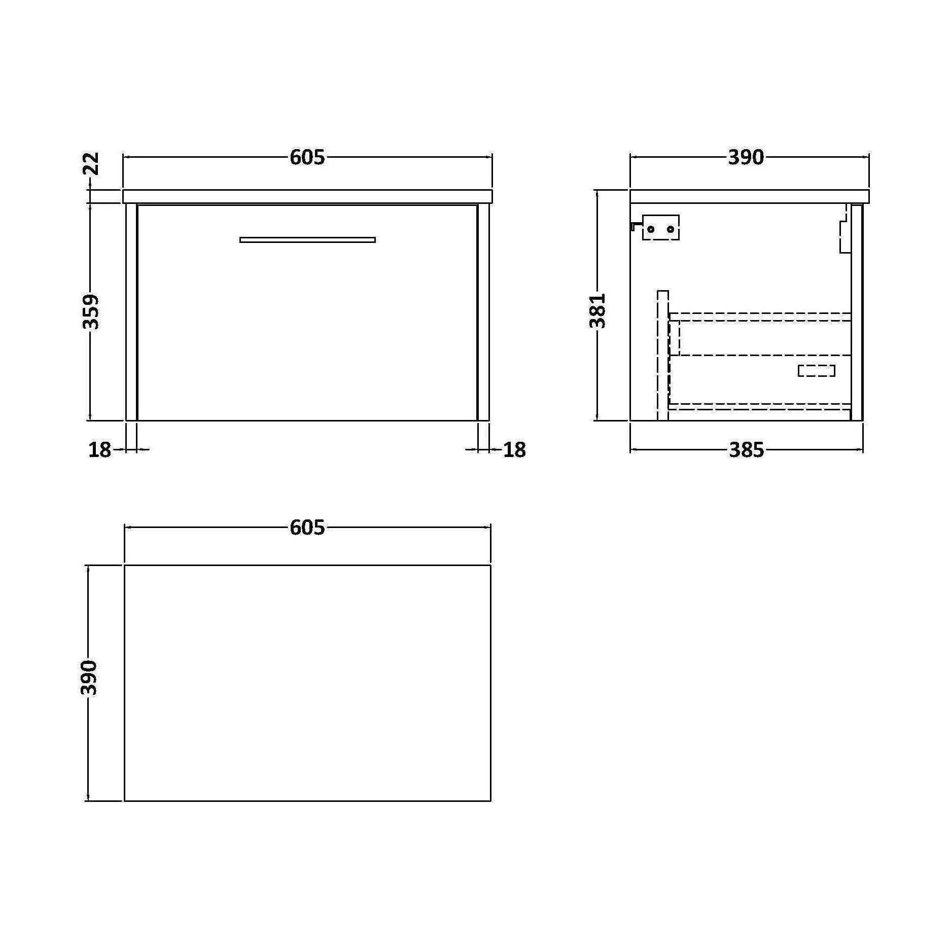 Winshill Contemporary 1 Drawer Wall Hung Vanity Unit with Laminate Worktop, 600mm - Image 2