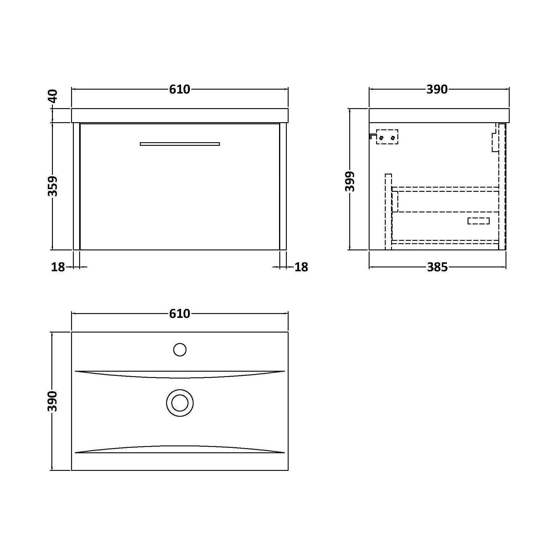 Winshill Contemporary 1 Drawer Wall Hung Vanity Unit with Mid-Edge Basin, Grey, 600mm - Image 2