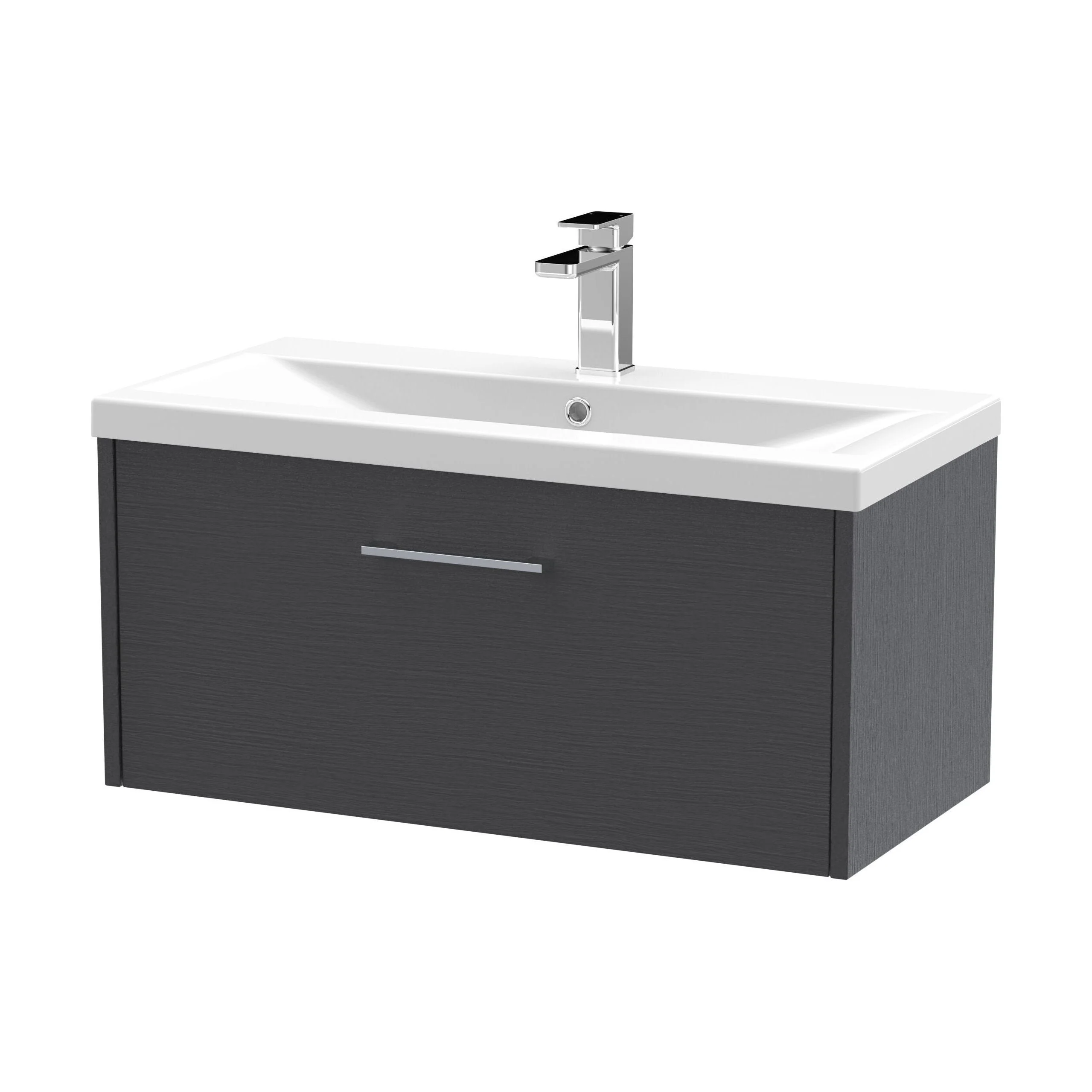 Winshill Contemporary 1 Drawer Wall Hung Vanity Unit with Mid-Edge Basin, Woodgrain Dark Grey, 800mm