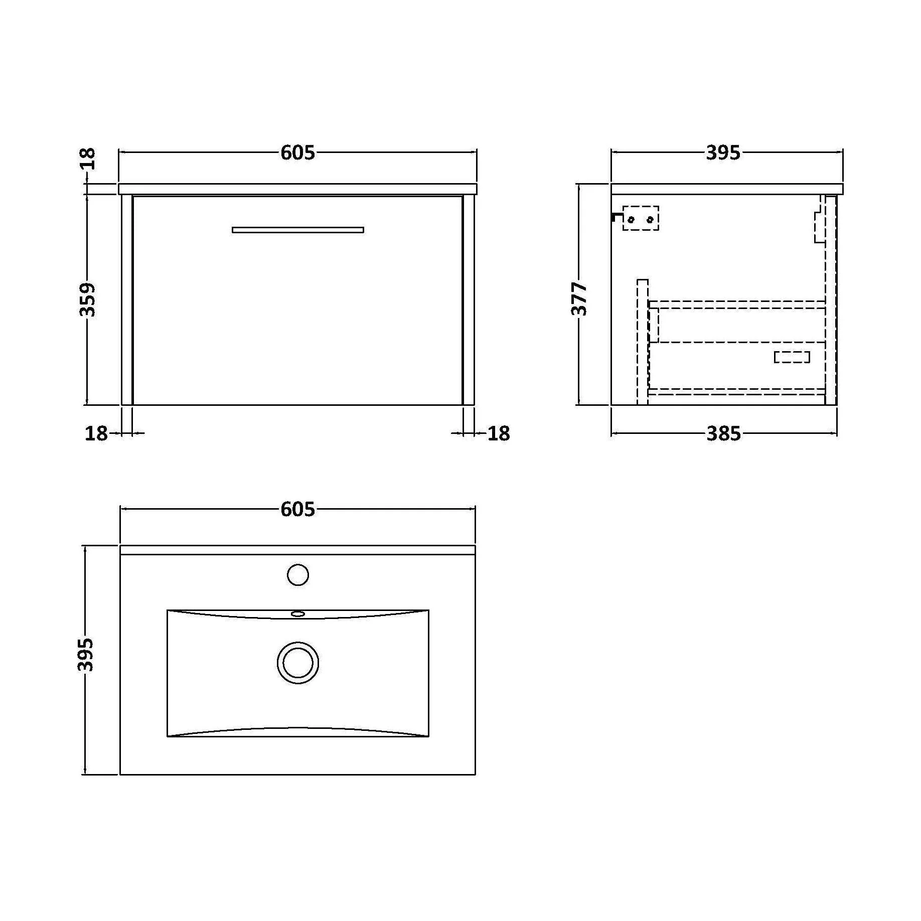 Winshill Contemporary 1 Drawer Wall Hung Vanity Unit with Minimalist Basin, Metallic Slate, 600mm - Image 2
