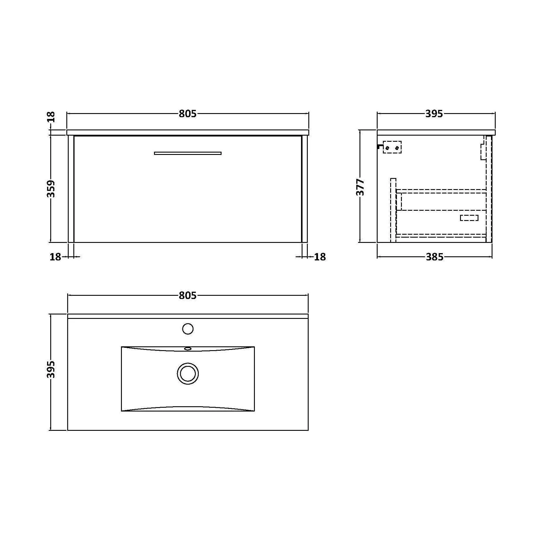 Winshill Contemporary 1 Drawer Wall Hung Vanity Unit with Minimalist Basin, Metallic Slate, 800mm - Image 2