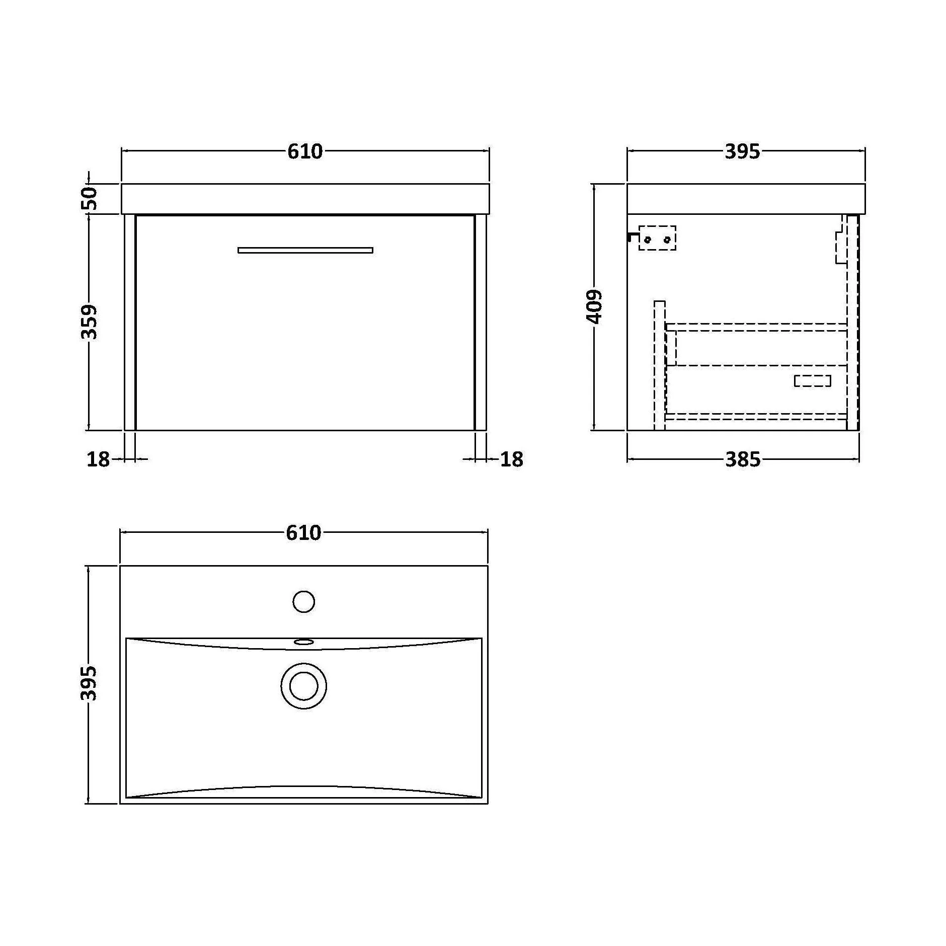 Winshill Contemporary 1 Drawer Wall Hung Vanity Unit with Thin Edge Basin, Metallic Slate, 600mm - Image 2