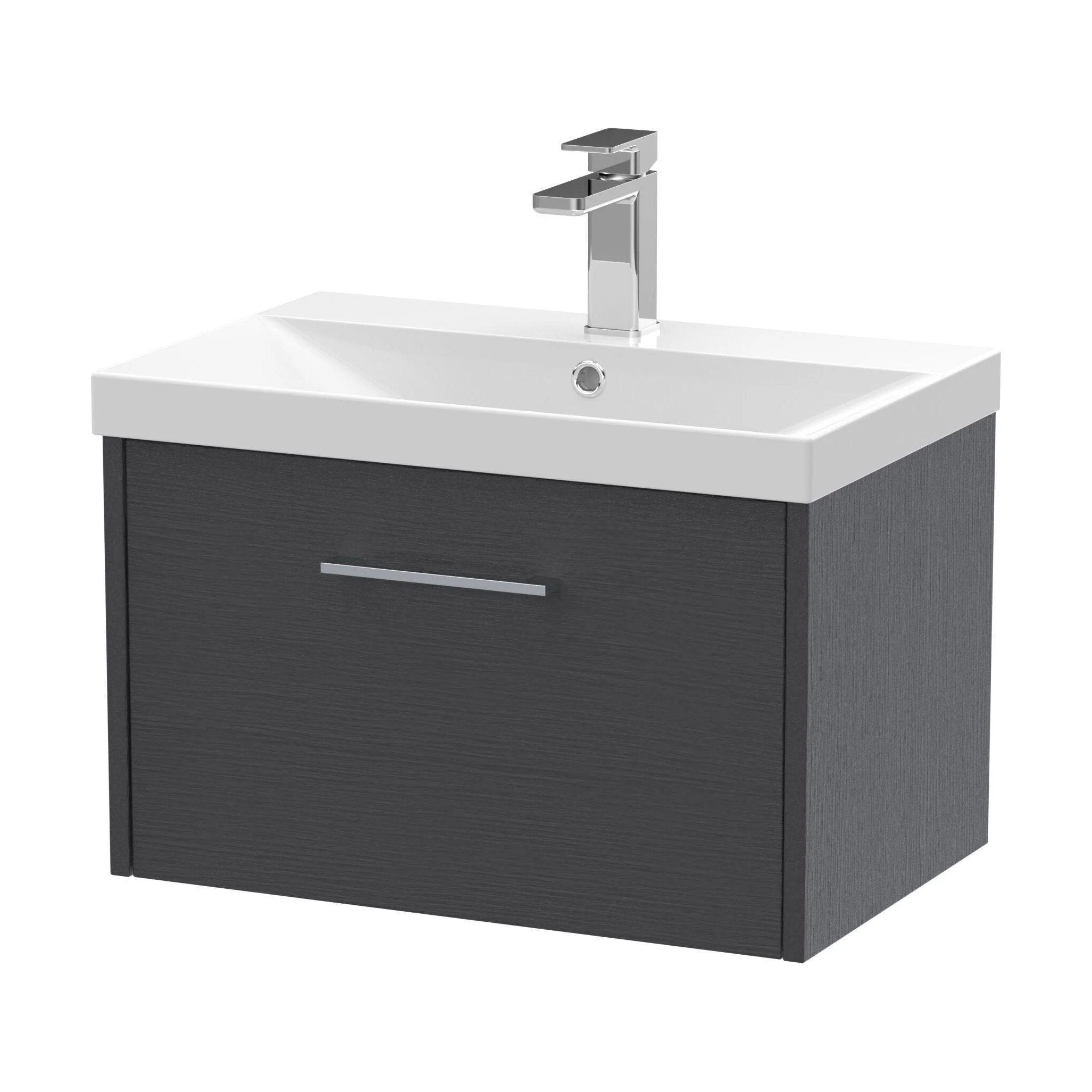 Winshill Contemporary 1 Drawer Wall Hung Vanity Unit with Thin Edge Basin, Woodgrain Dark Grey, 600mm