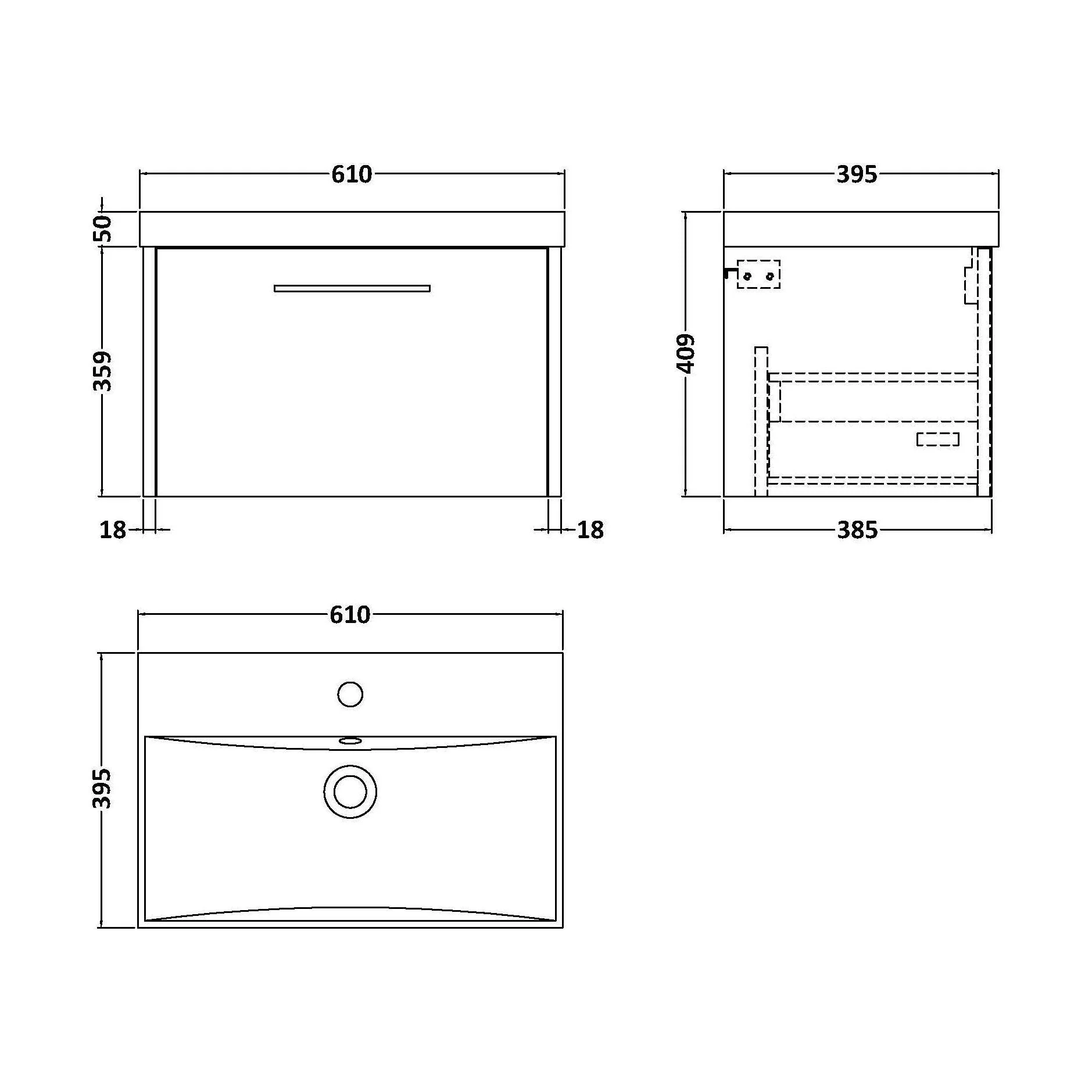 Winshill Contemporary 1 Drawer Wall Hung Vanity Unit with Thin Edge Basin, Woodgrain Dark Grey, 600mm - Image 2