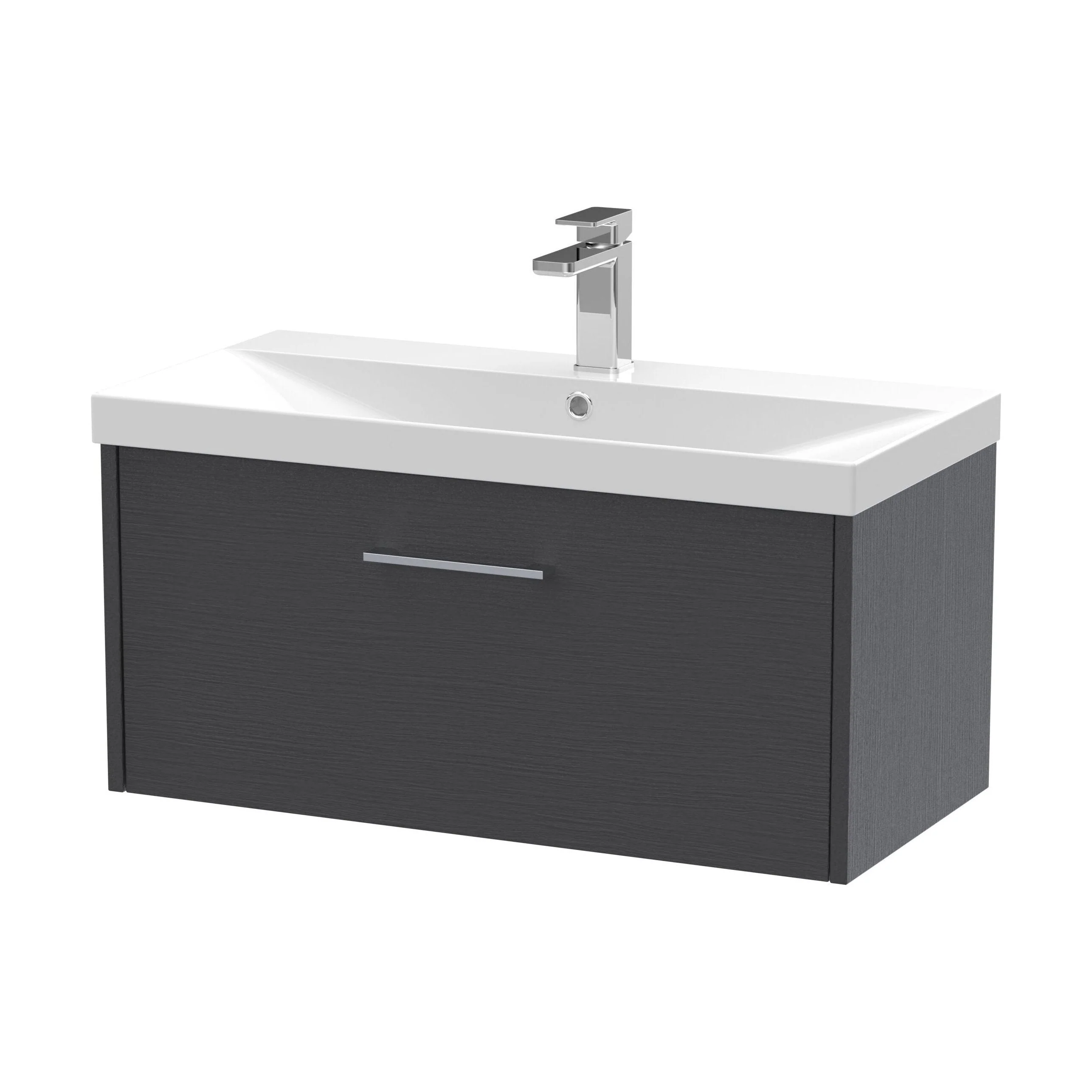 Winshill Contemporary 1 Drawer Wall Hung Vanity Unit with Thin Edge Basin, Woodgrain Dark Grey, 800mm