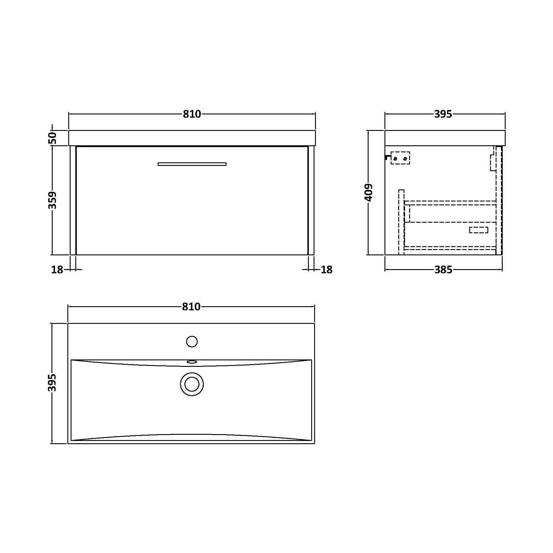 Winshill Contemporary 1 Drawer Wall Hung Vanity Unit with Thin Edge Basin, Woodgrain Dark Grey, 800mm - Image 2