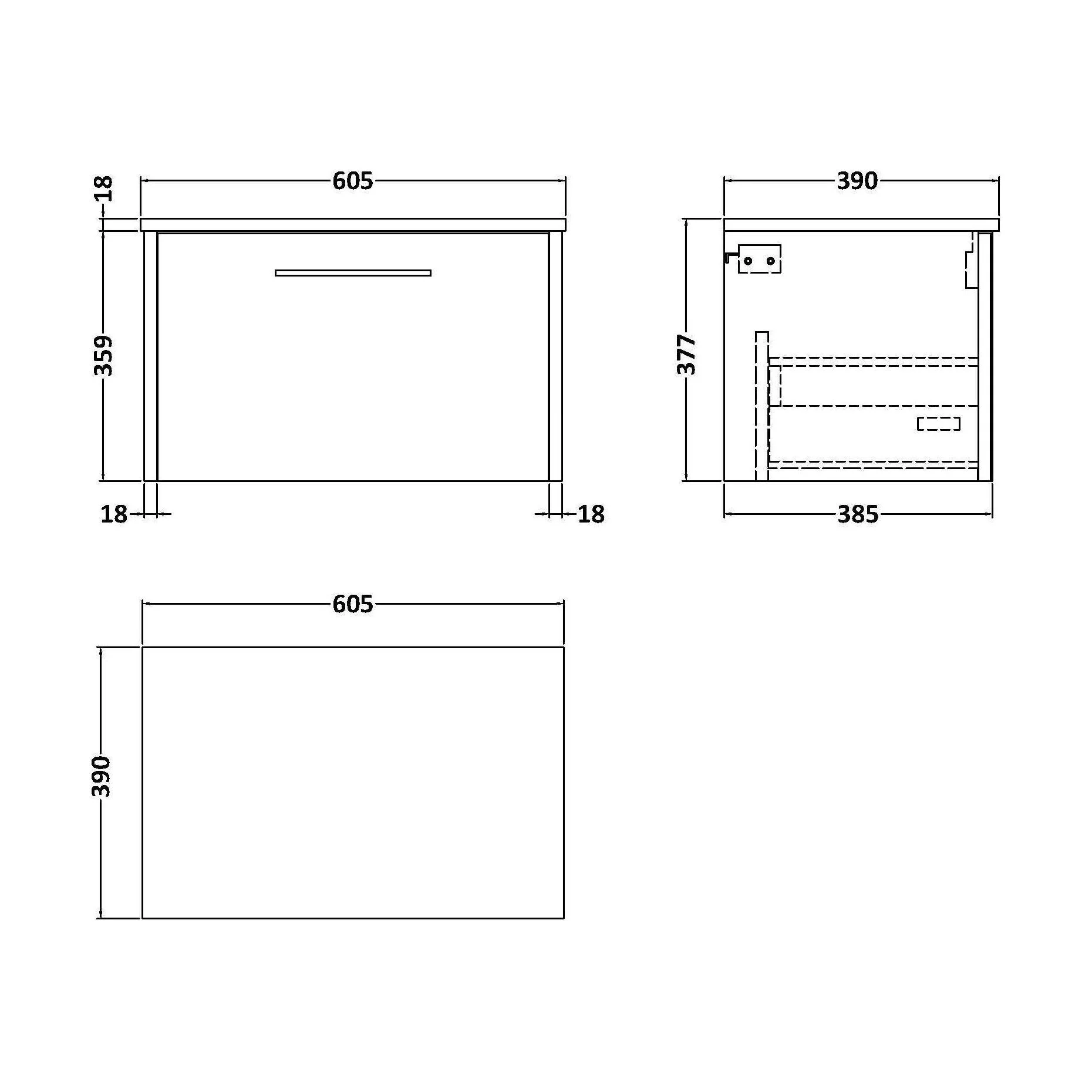 Winshill Contemporary 1 Drawer Wall Hung Vanity Unit with Worktop, 600mm - Image 2