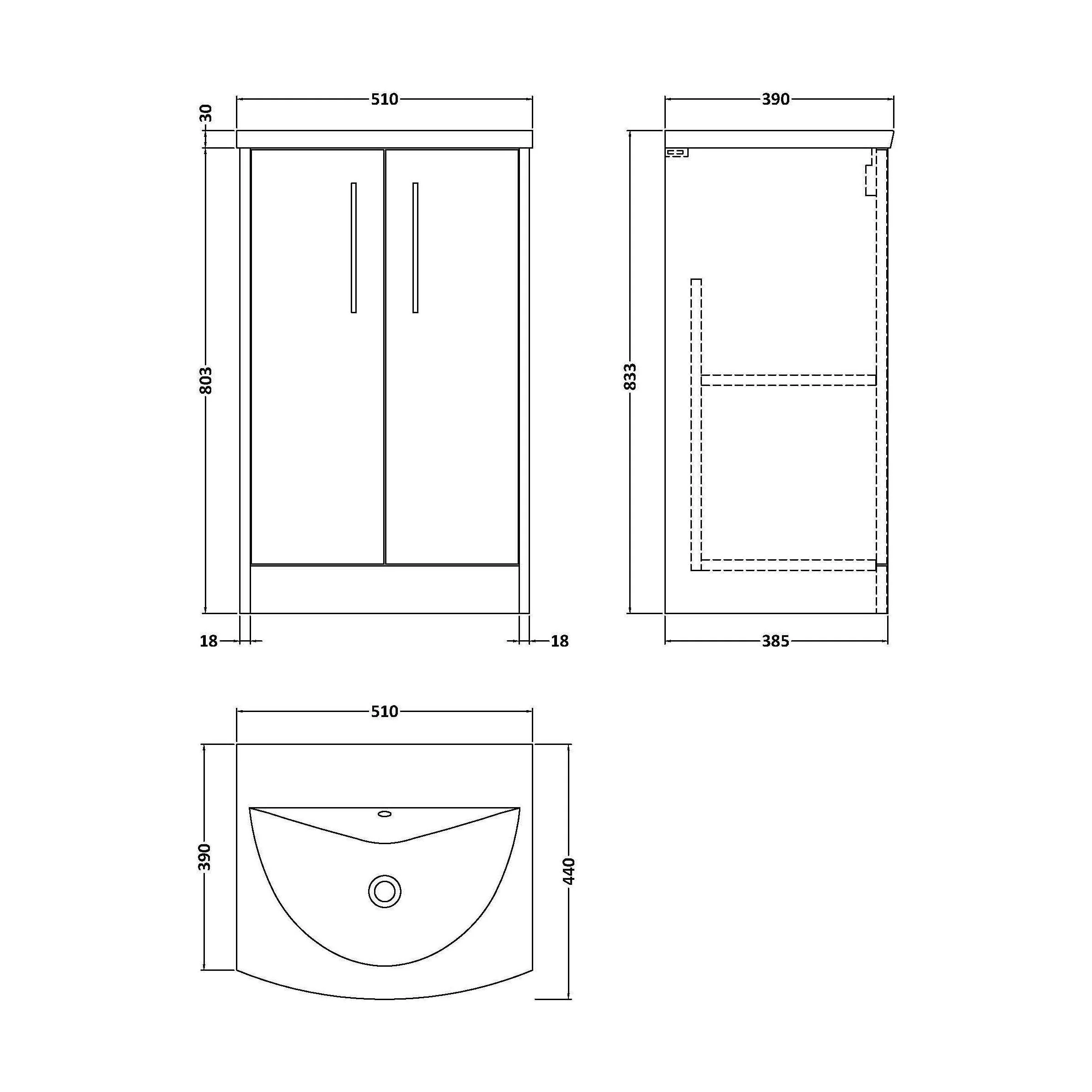 Winshill Contemporary 2 Door Floor Standing Vanity Unit with Curved Basin, Dark Blue, 500mm - Image 2