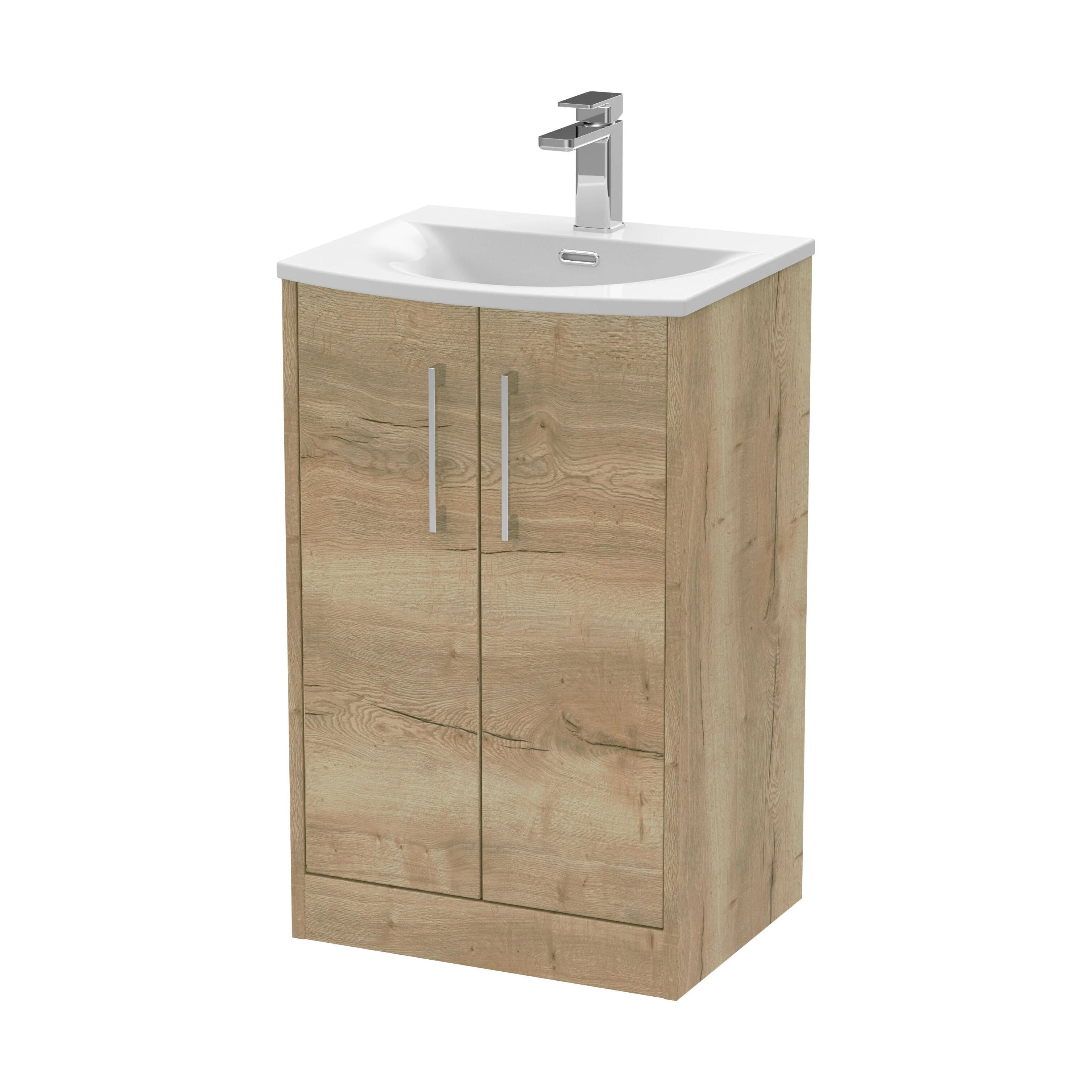 Winshill Contemporary 2 Door Floor Standing Vanity Unit with Curved Basin, Light Oak, 500mm