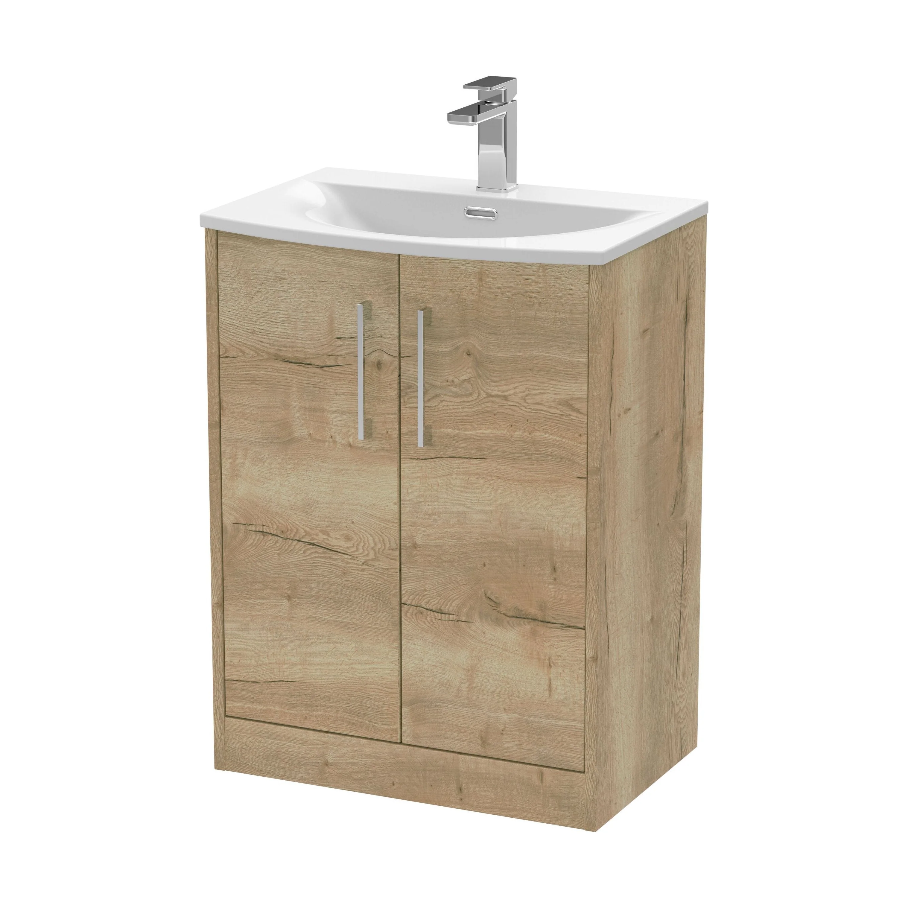 Winshill Contemporary 2 Door Floor Standing Vanity Unit with Curved Basin, Light Oak, 600mm