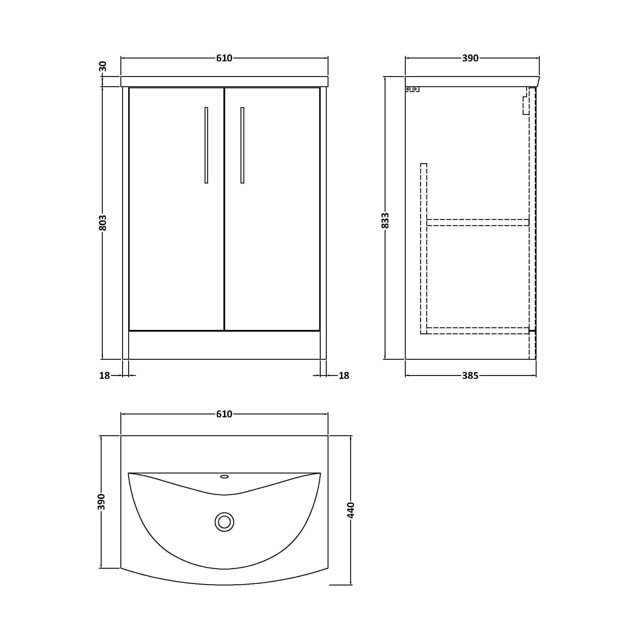 Winshill Contemporary 2 Door Floor Standing Vanity Unit with Curved Basin, Light Oak, 600mm - Image 2
