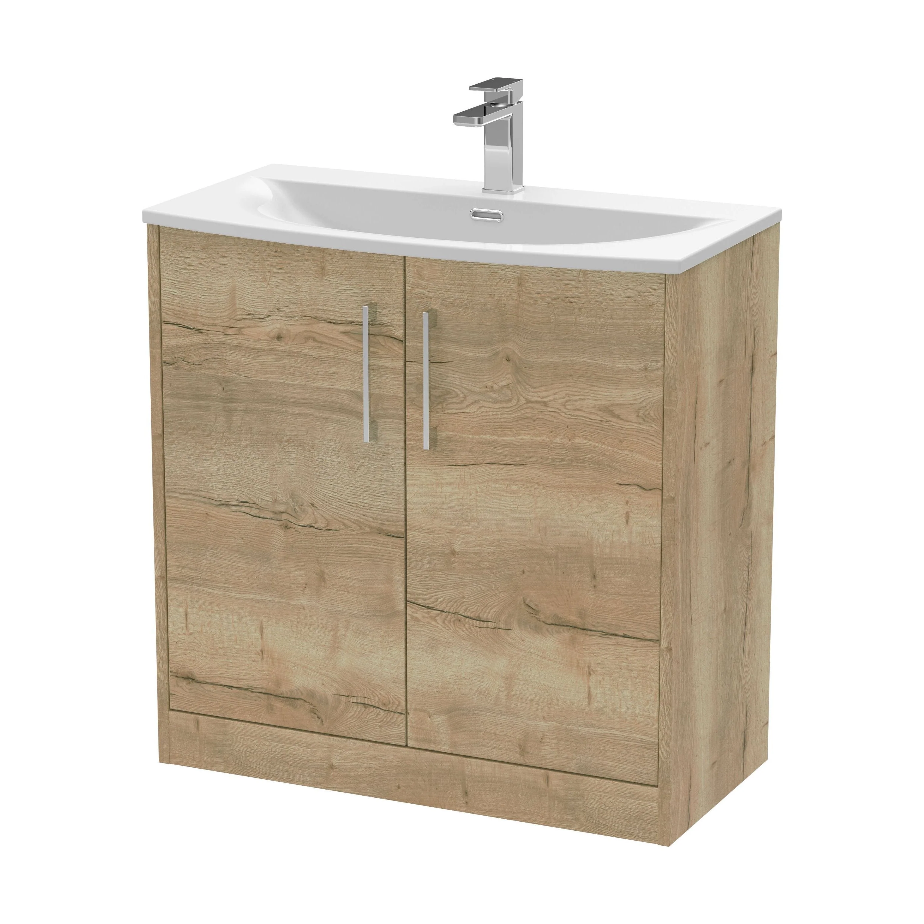 Winshill Contemporary 2 Door Floor Standing Vanity Unit with Curved Basin, Light Oak, 800mm