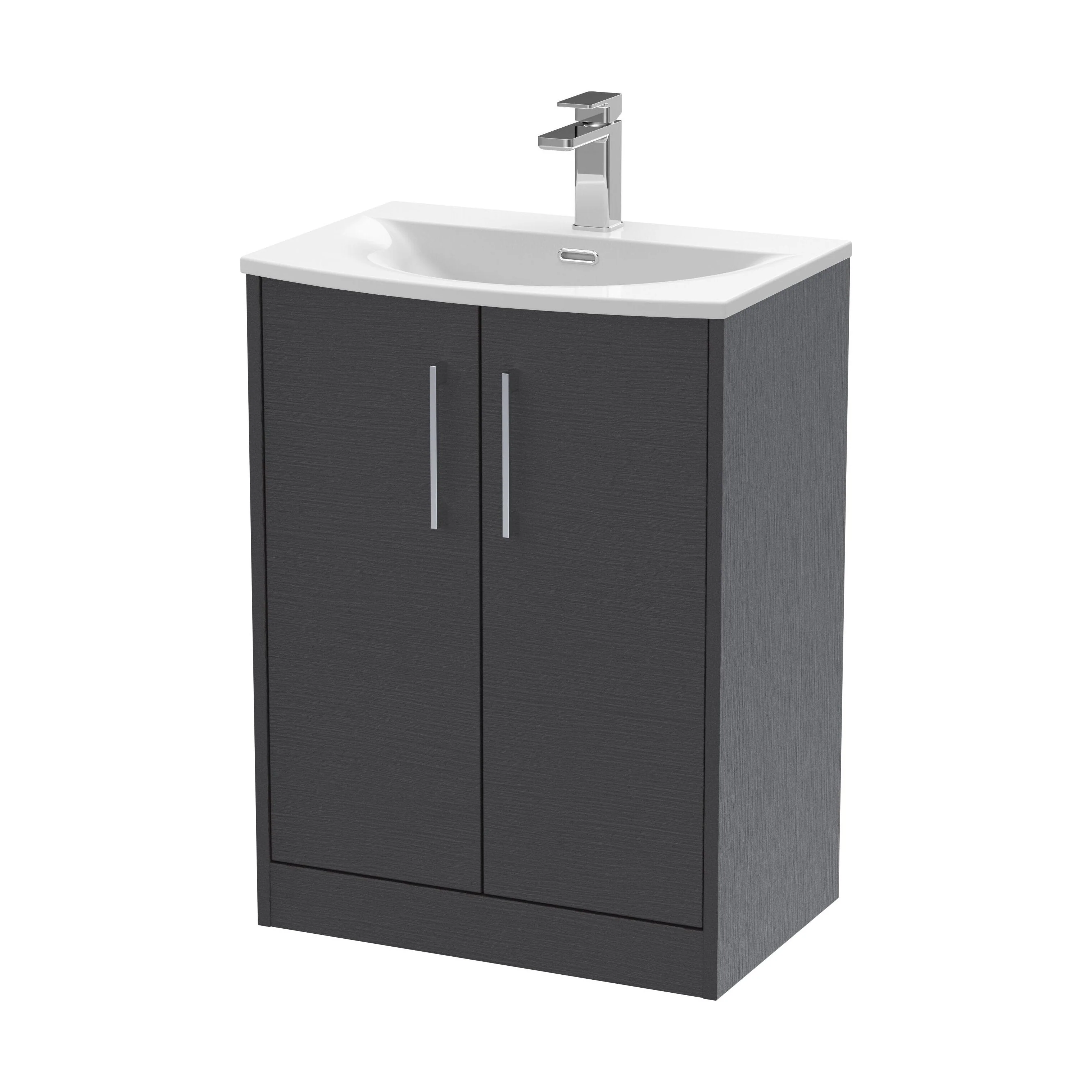 Winshill Contemporary 2 Door Floor Standing Vanity Unit with Curved Basin, Woodgrain Dark Grey, 600mm