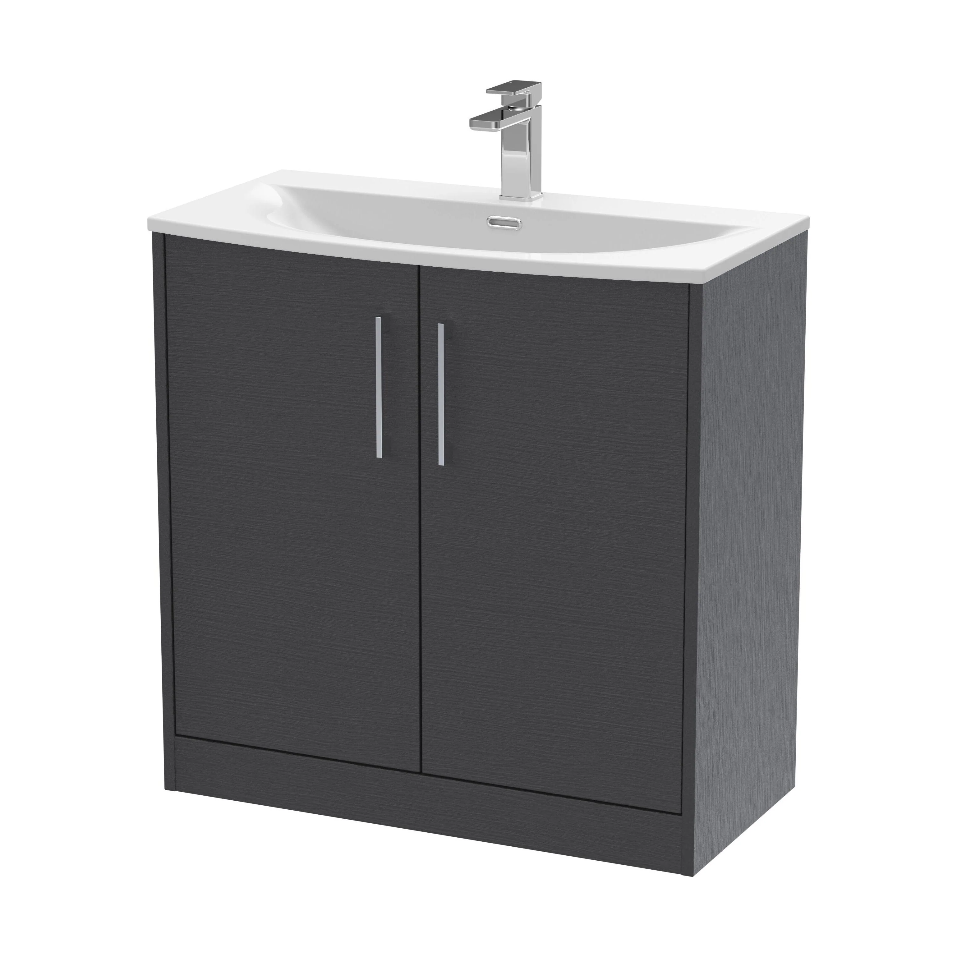 Winshill Contemporary 2 Door Floor Standing Vanity Unit with Curved Basin, Woodgrain Dark Grey, 800mm