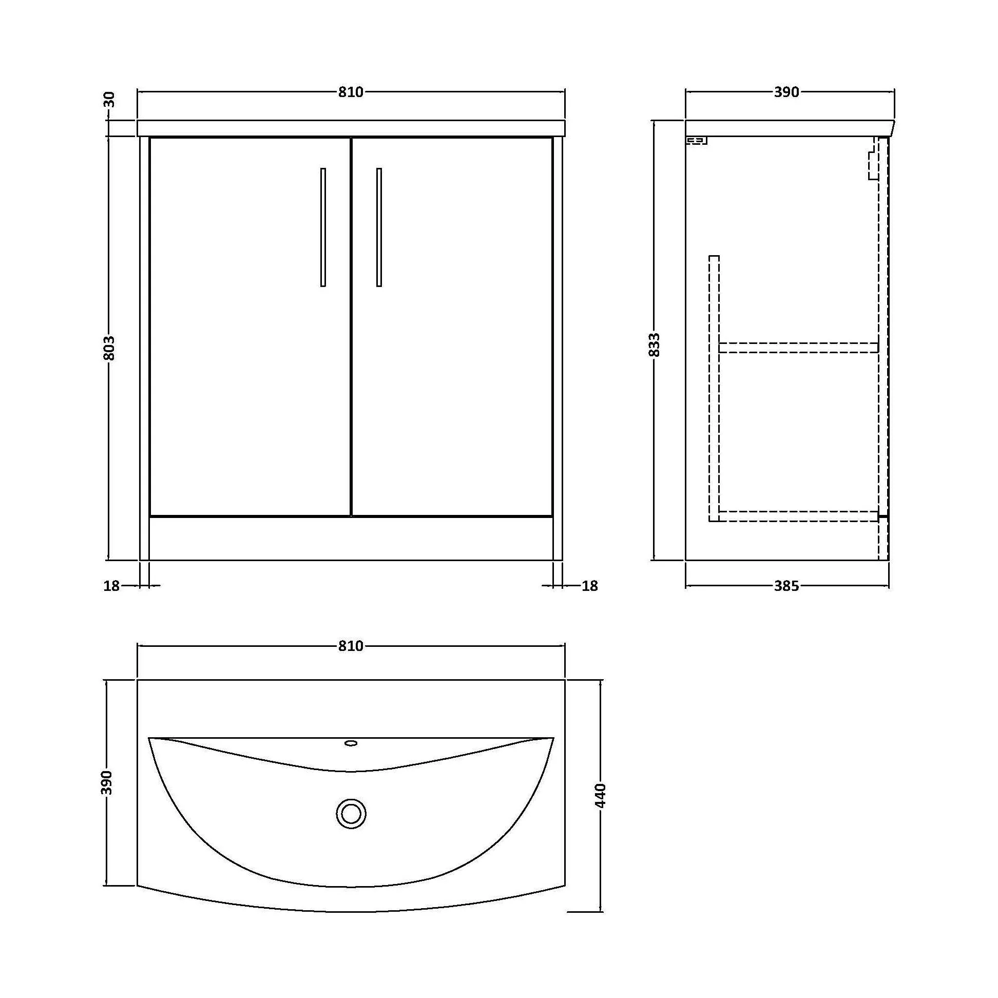 Winshill Contemporary 2 Door Floor Standing Vanity Unit with Curved Basin, Woodgrain Dark Grey, 800mm - Image 2