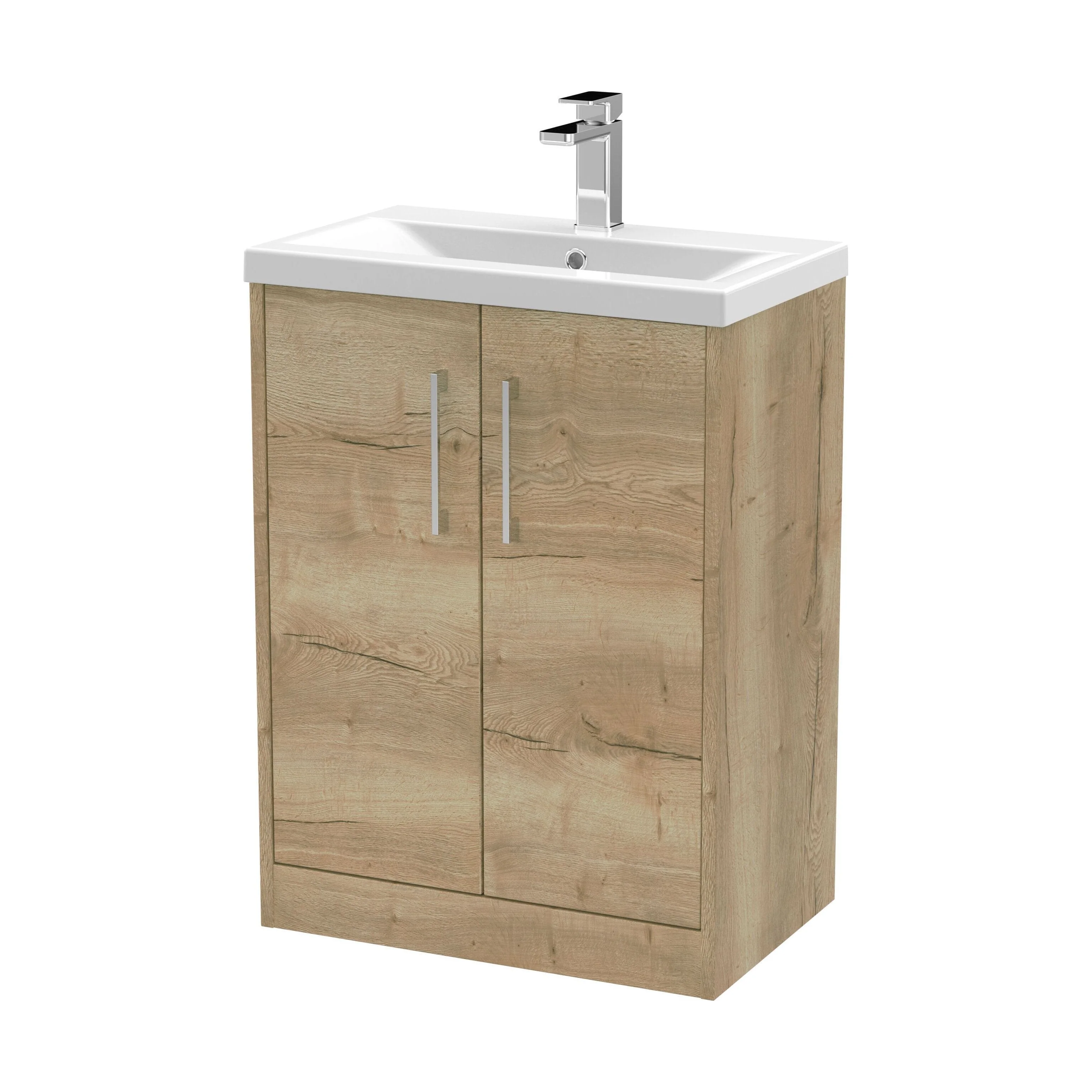 Winshill Contemporary 2 Door Floor Standing Vanity Unit with Mid-Edge Basin, Light Oak, 600mm
