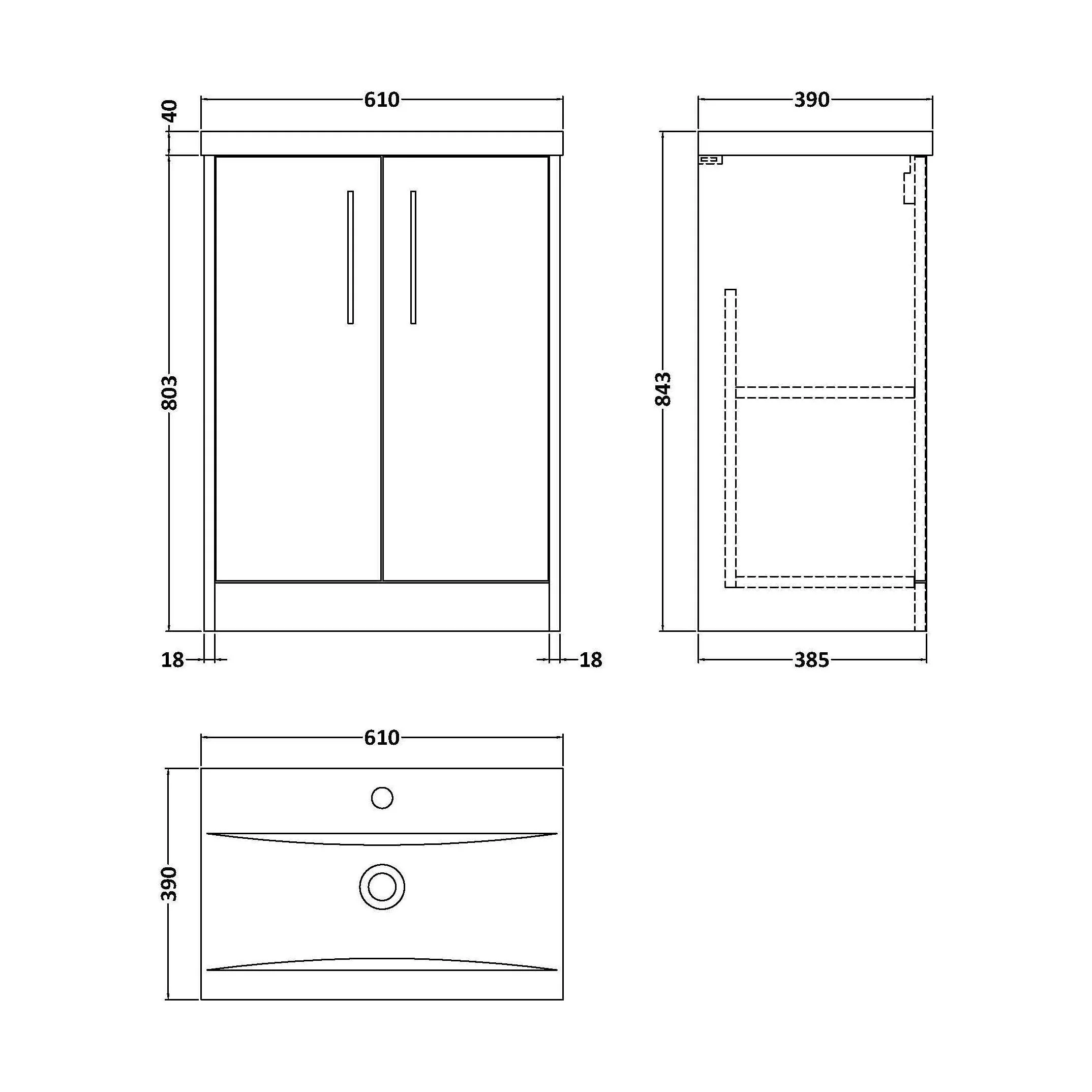Winshill Contemporary 2 Door Floor Standing Vanity Unit with Mid-Edge Basin, Woodgrain Dark Grey, 600mm - Image 2