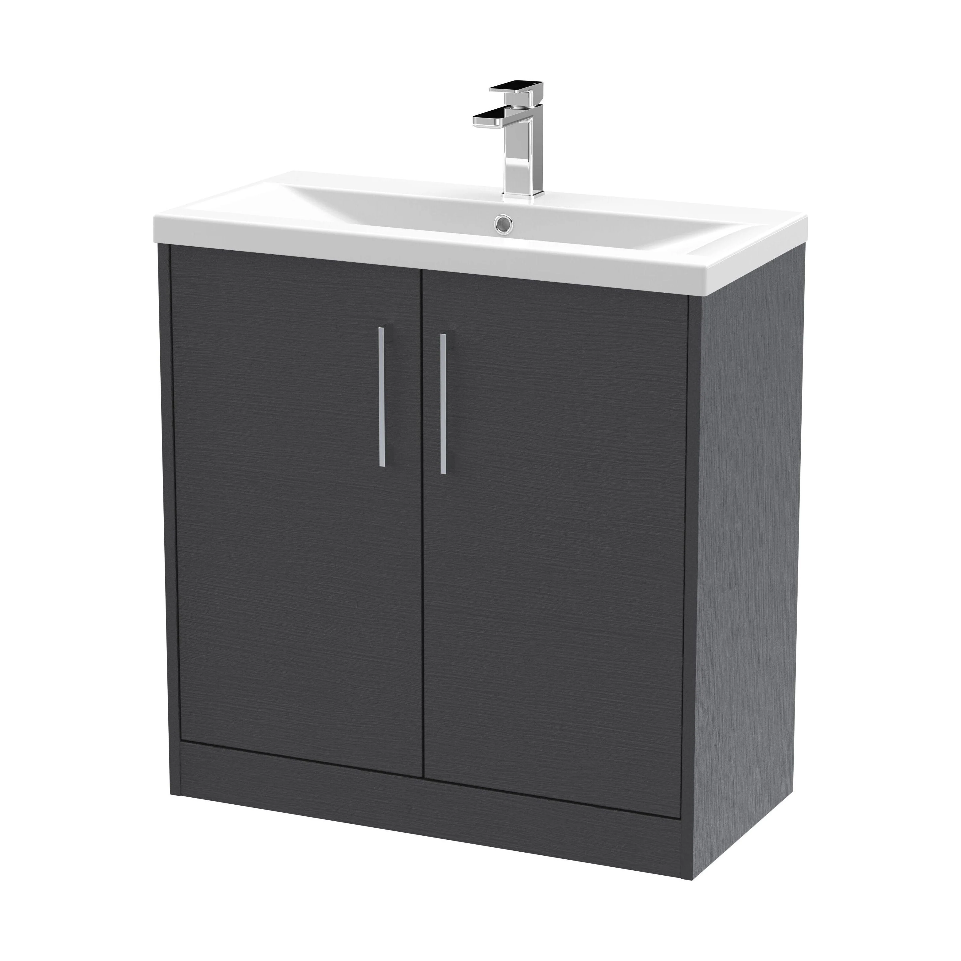 Winshill Contemporary 2 Door Floor Standing Vanity Unit with Mid-Edge Basin, Woodgrain Dark Grey, 800mm