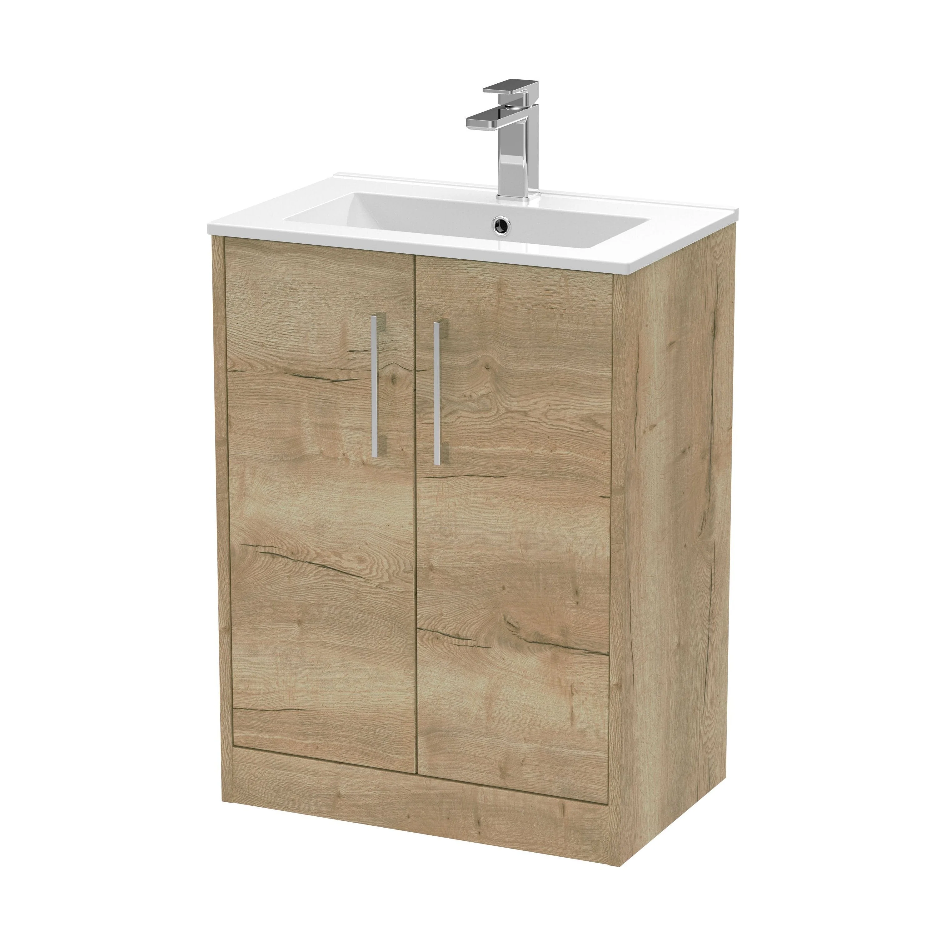 Winshill Contemporary 2 Door Floor Standing Vanity Unit with Minimalist Basin, Light Oak, 600mm