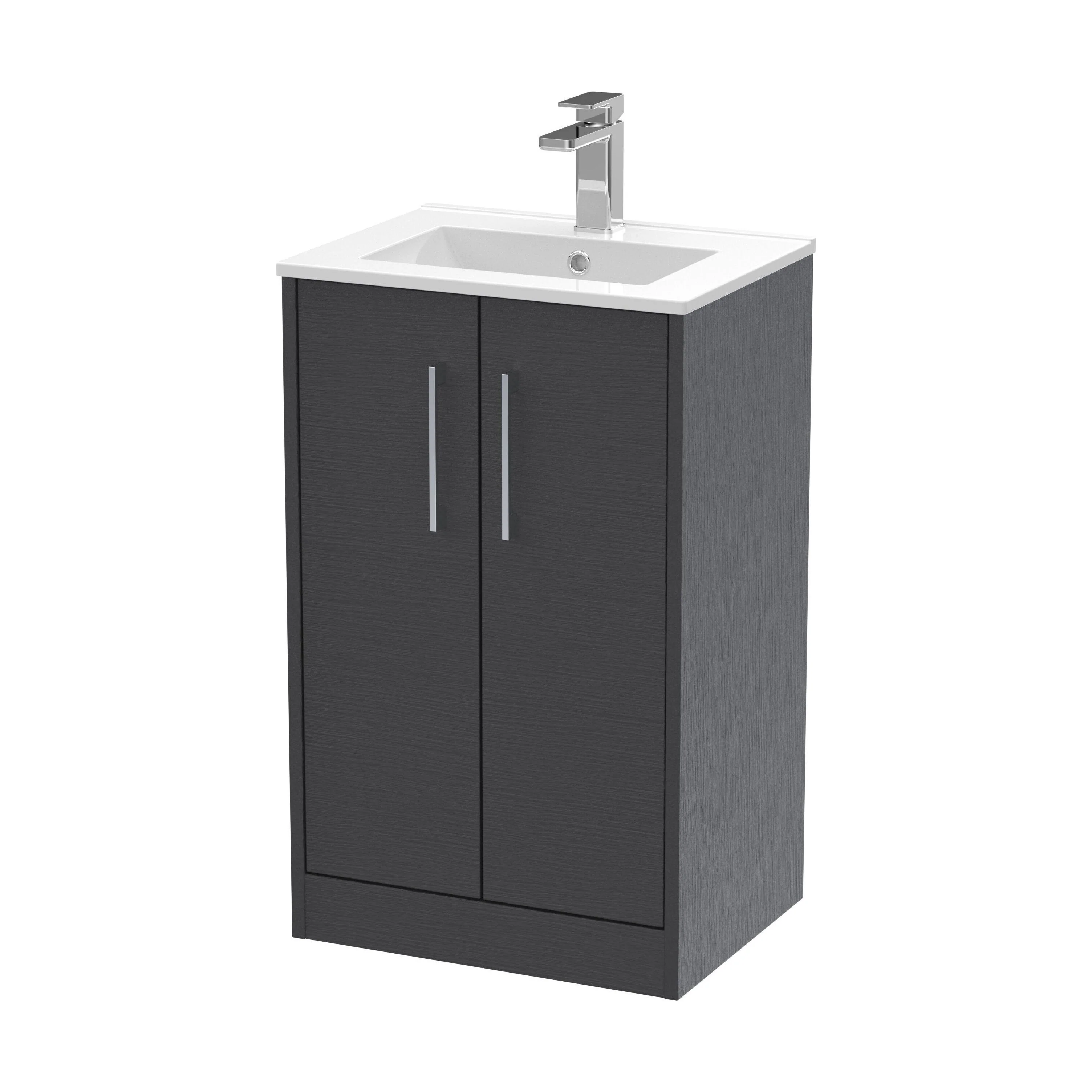 Winshill Contemporary 2 Door Floor Standing Vanity Unit with Minimalist Basin, Woodgrain Dark Grey, 500mm