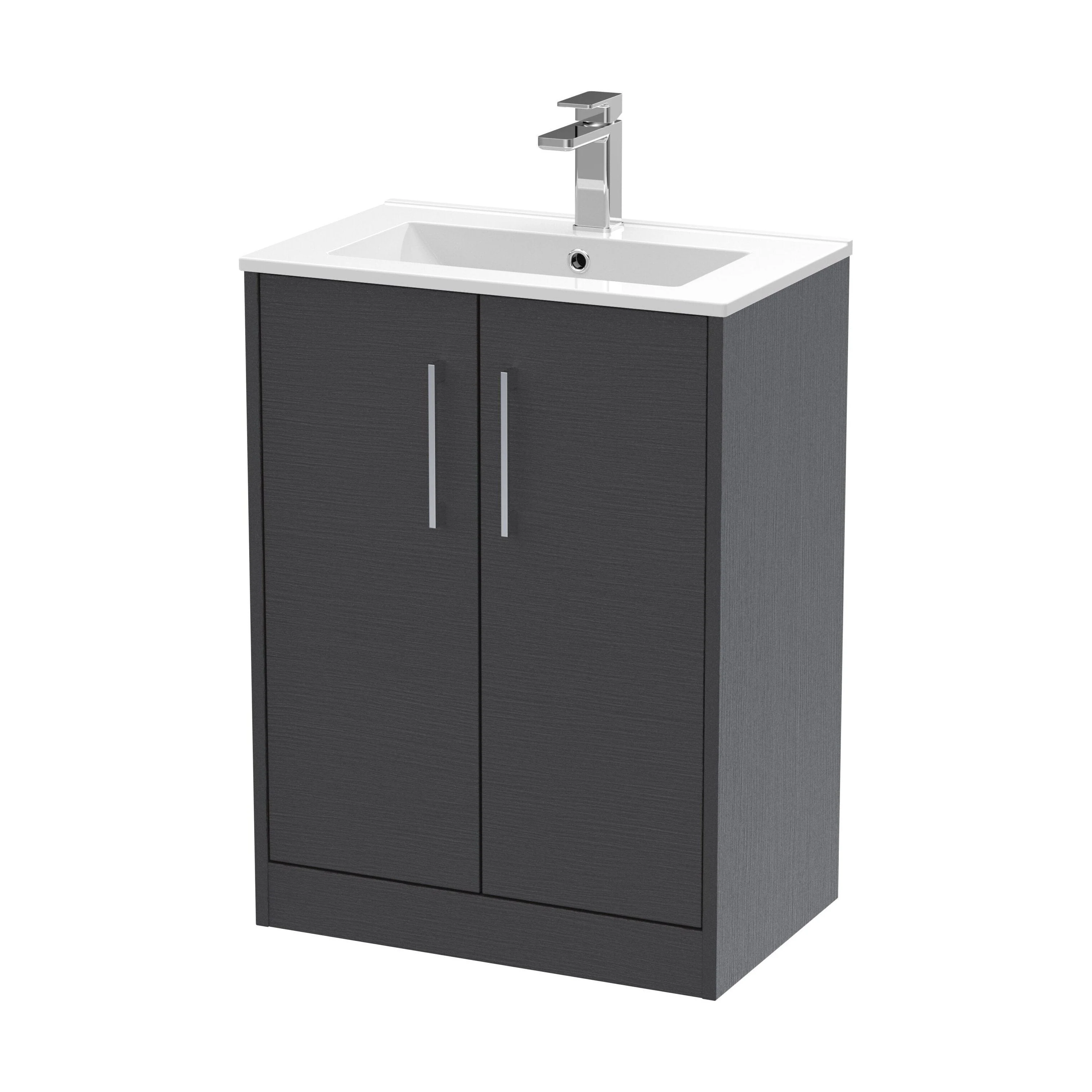 Winshill Contemporary 2 Door Floor Standing Vanity Unit with Minimalist Basin, Woodgrain Dark Grey, 600mm