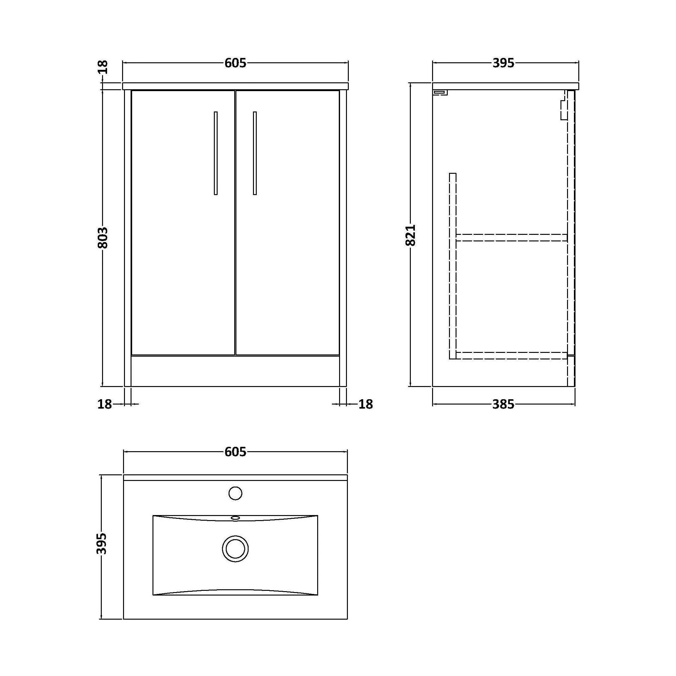 Winshill Contemporary 2 Door Floor Standing Vanity Unit with Minimalist Basin, Woodgrain Dark Grey, 600mm - Image 2