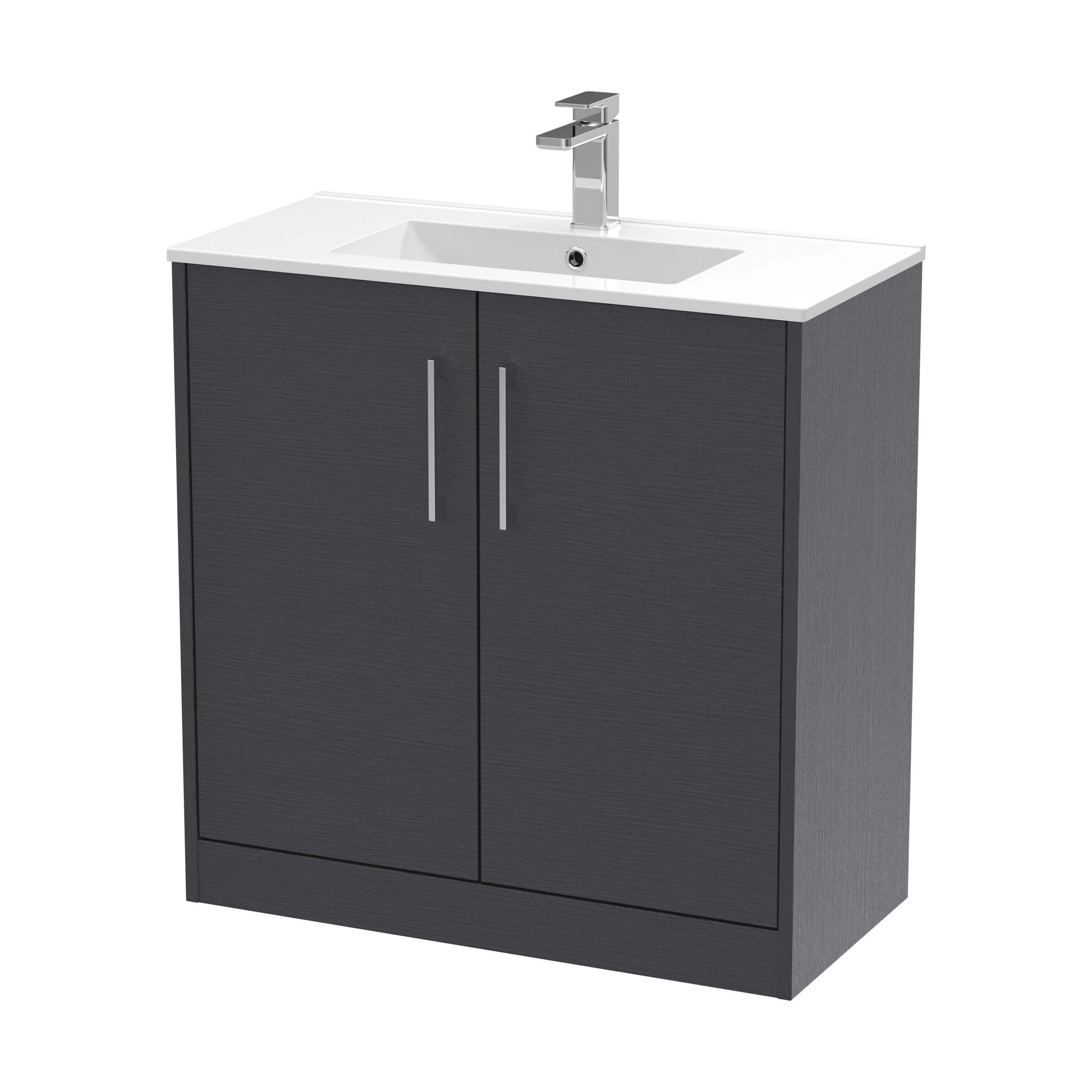Winshill Contemporary 2 Door Floor Standing Vanity Unit with Minimalist Basin, Woodgrain Dark Grey, 800mm