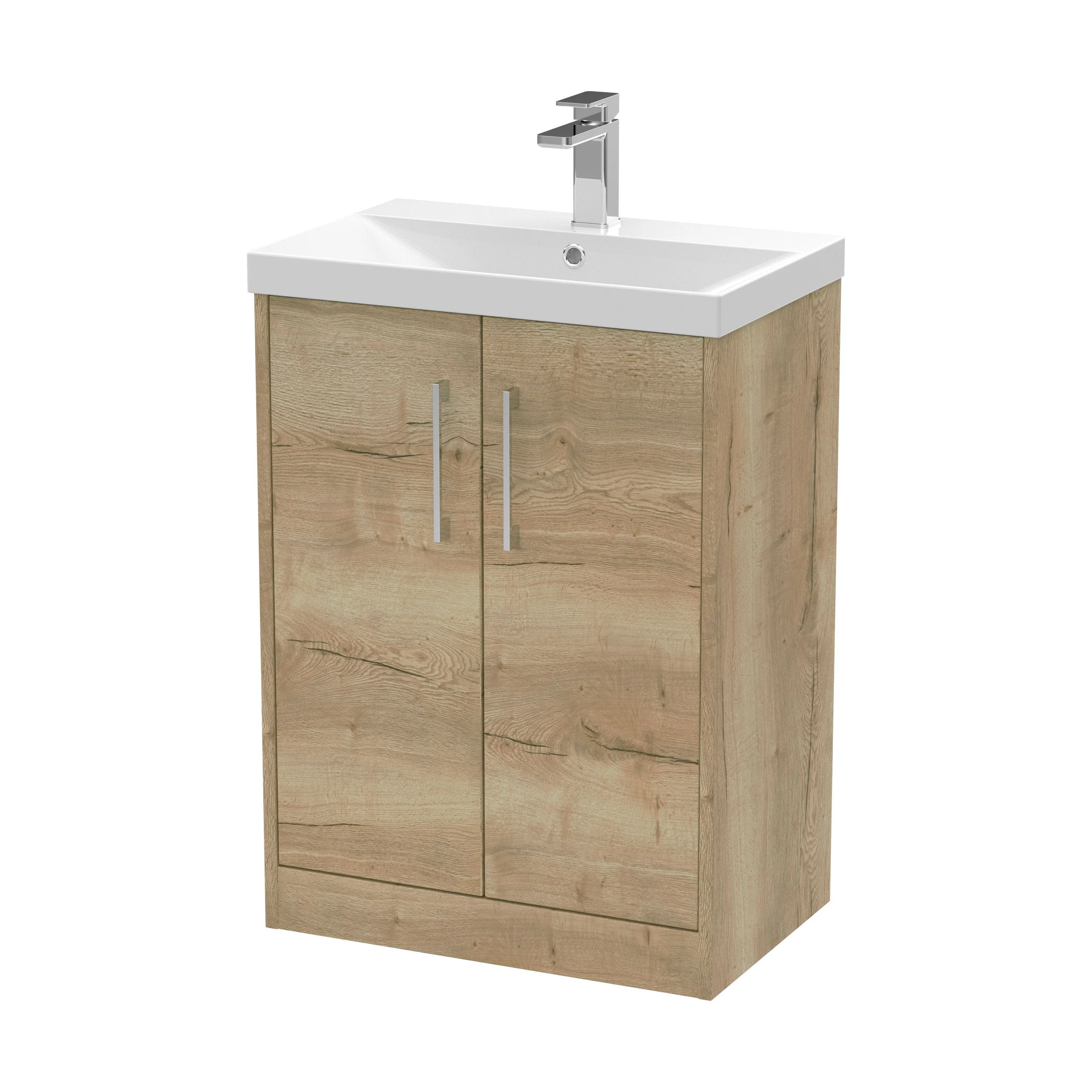 Winshill Contemporary 2 Door Floor Standing Vanity Unit with Thin Edge Basin, Light Oak, 600mm