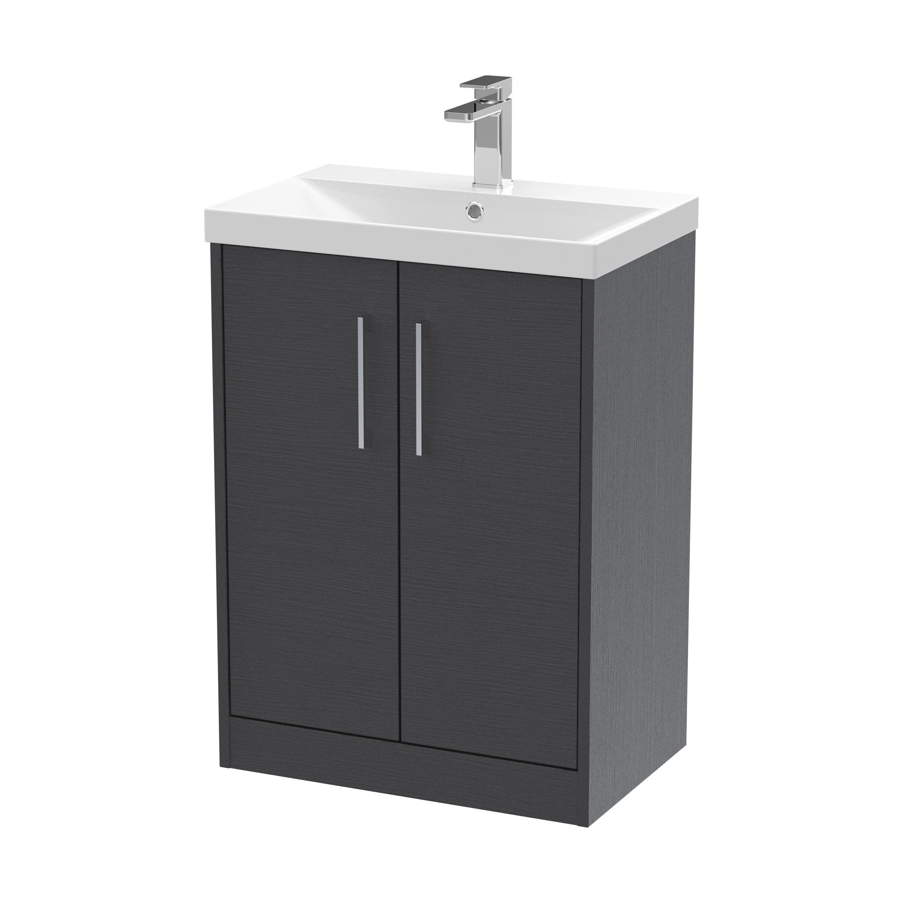 Winshill Contemporary 2 Door Floor Standing Vanity Unit with Thin Edge Basin, Woodgrain Dark Grey, 600mm