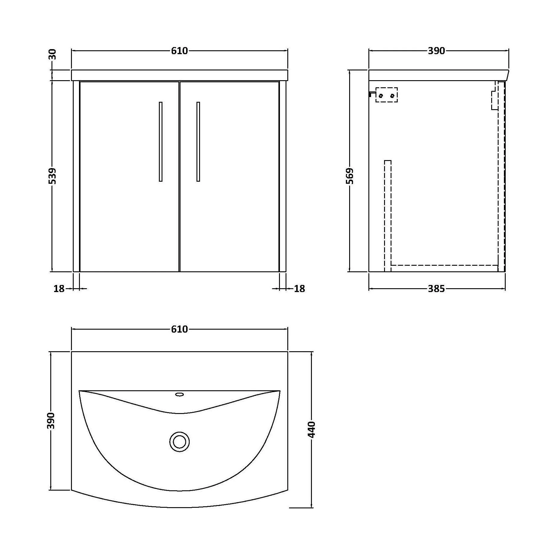 Winshill Contemporary 2 Door Wall Hung Vanity Unit with Curved Basin, Grey, 600mm - Image 2