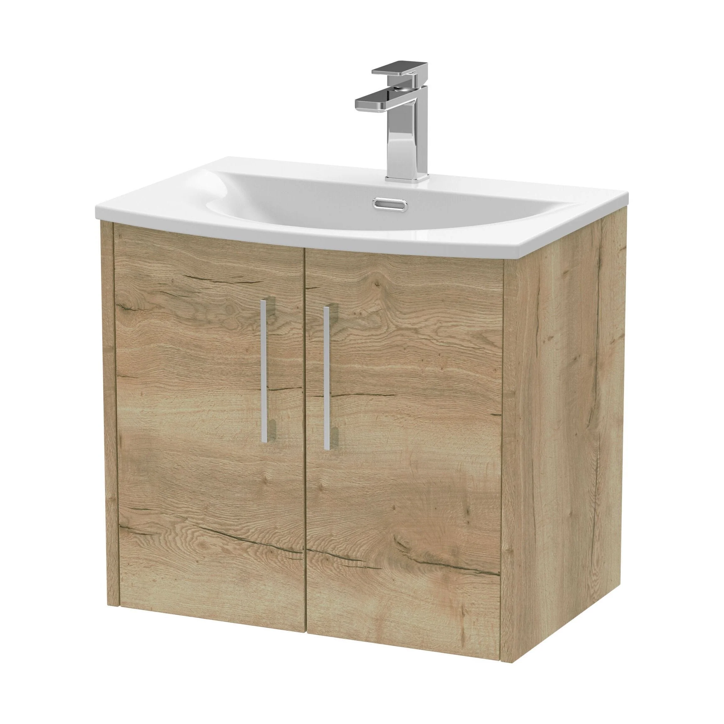 Winshill Contemporary 2 Door Wall Hung Vanity Unit with Curved Basin, Light Oak, 600mm