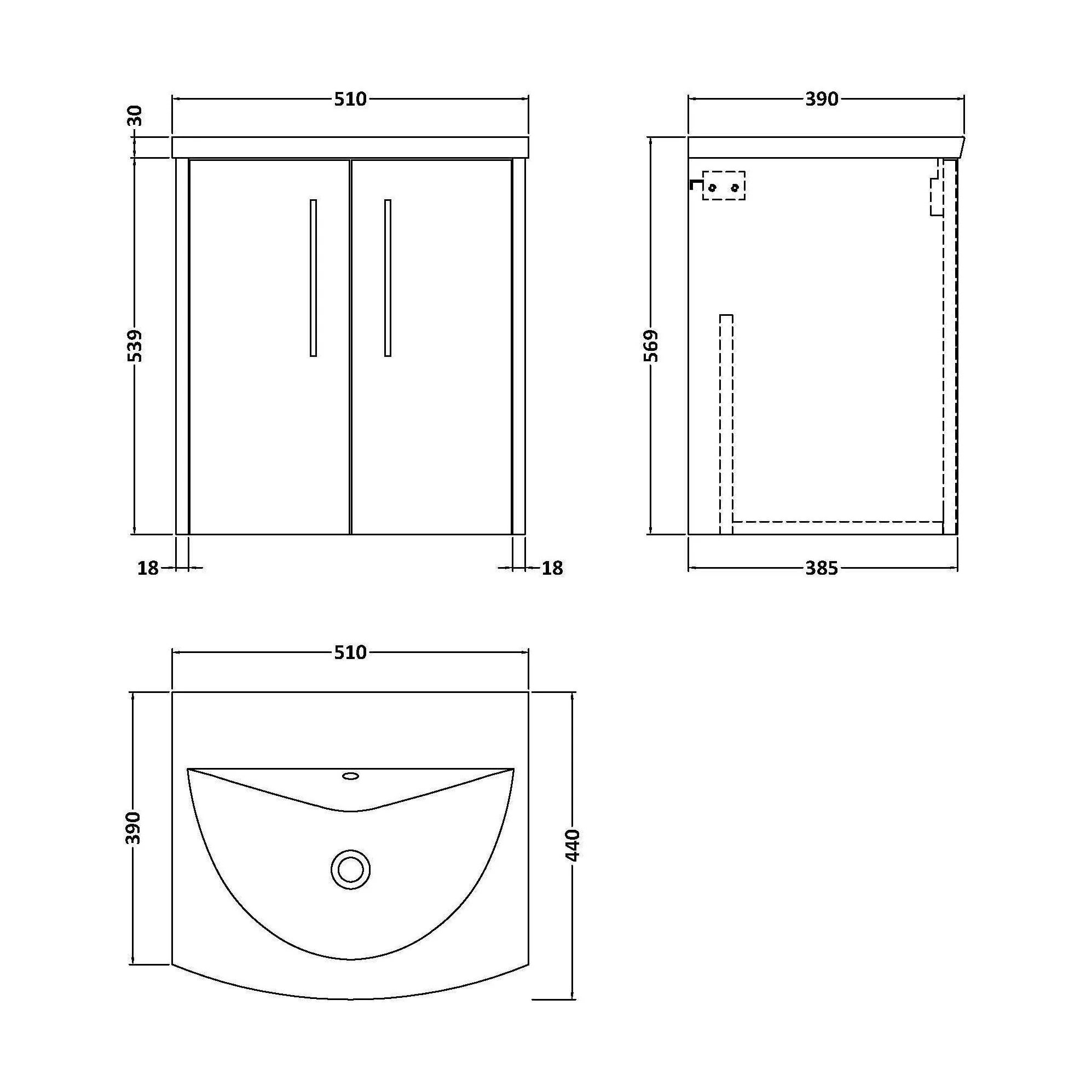 Winshill Contemporary 2 Door Wall Hung Vanity Unit with Curved Basin, Metallic Slate, 500mm - Image 2