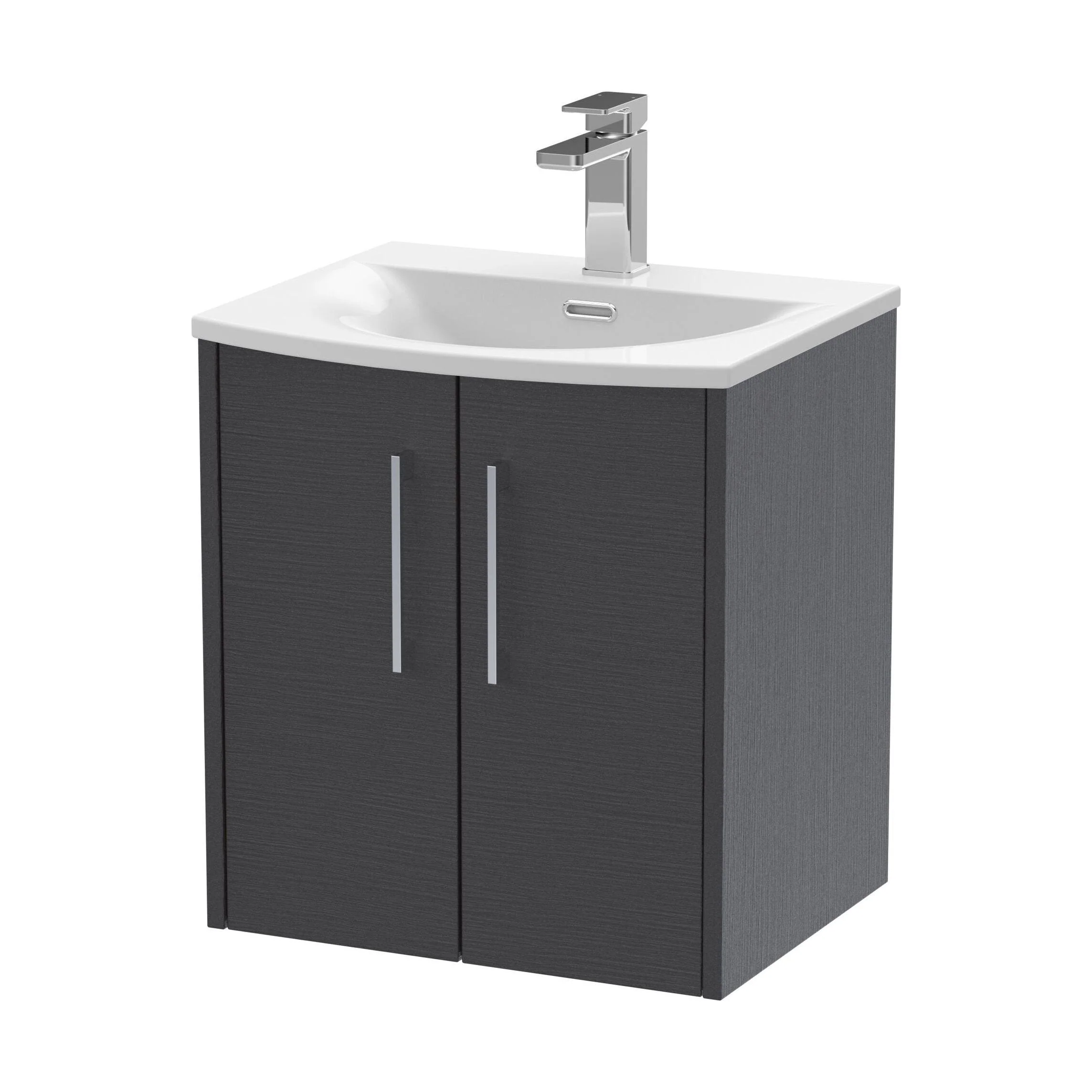 Winshill Contemporary 2 Door Wall Hung Vanity Unit with Curved Basin, Woodgrain Dark Grey, 500mm