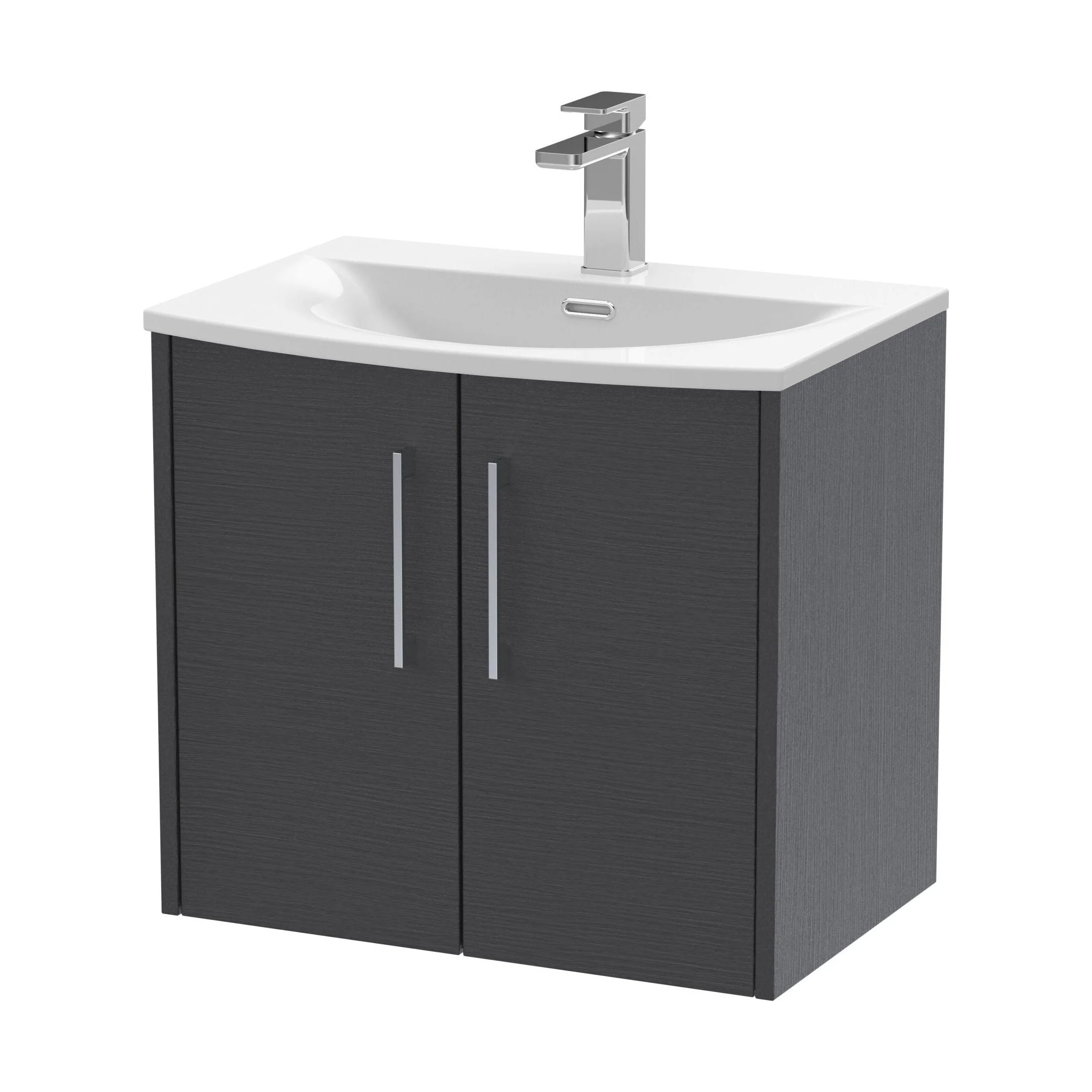Winshill Contemporary 2 Door Wall Hung Vanity Unit with Curved Basin, Woodgrain Dark Grey, 600mm